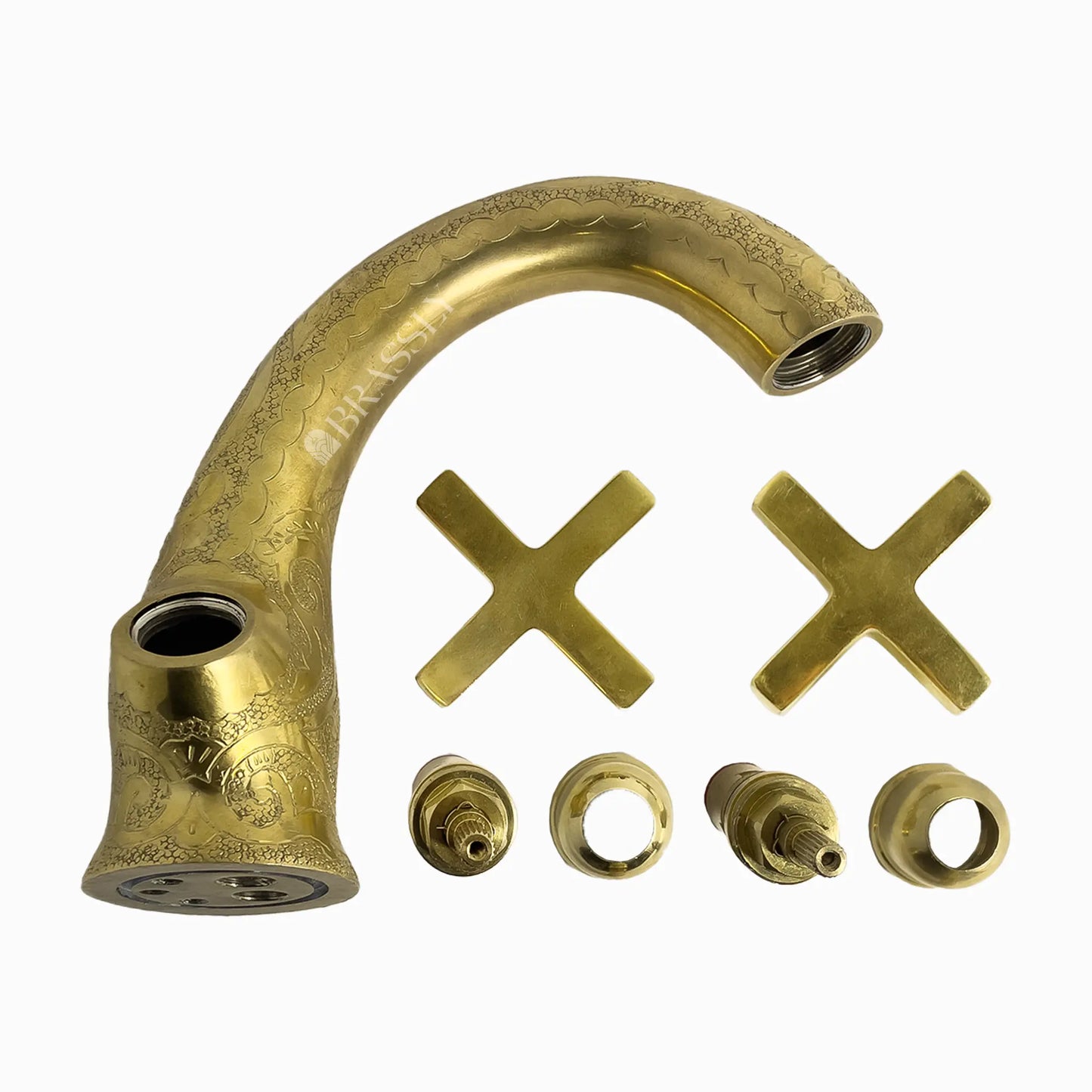 Single Hole Unlacquered Brass Bathroom Tap, Engraved Gooseneck Brass Vanity Faucet With Flat Cross Handles - Mumbai