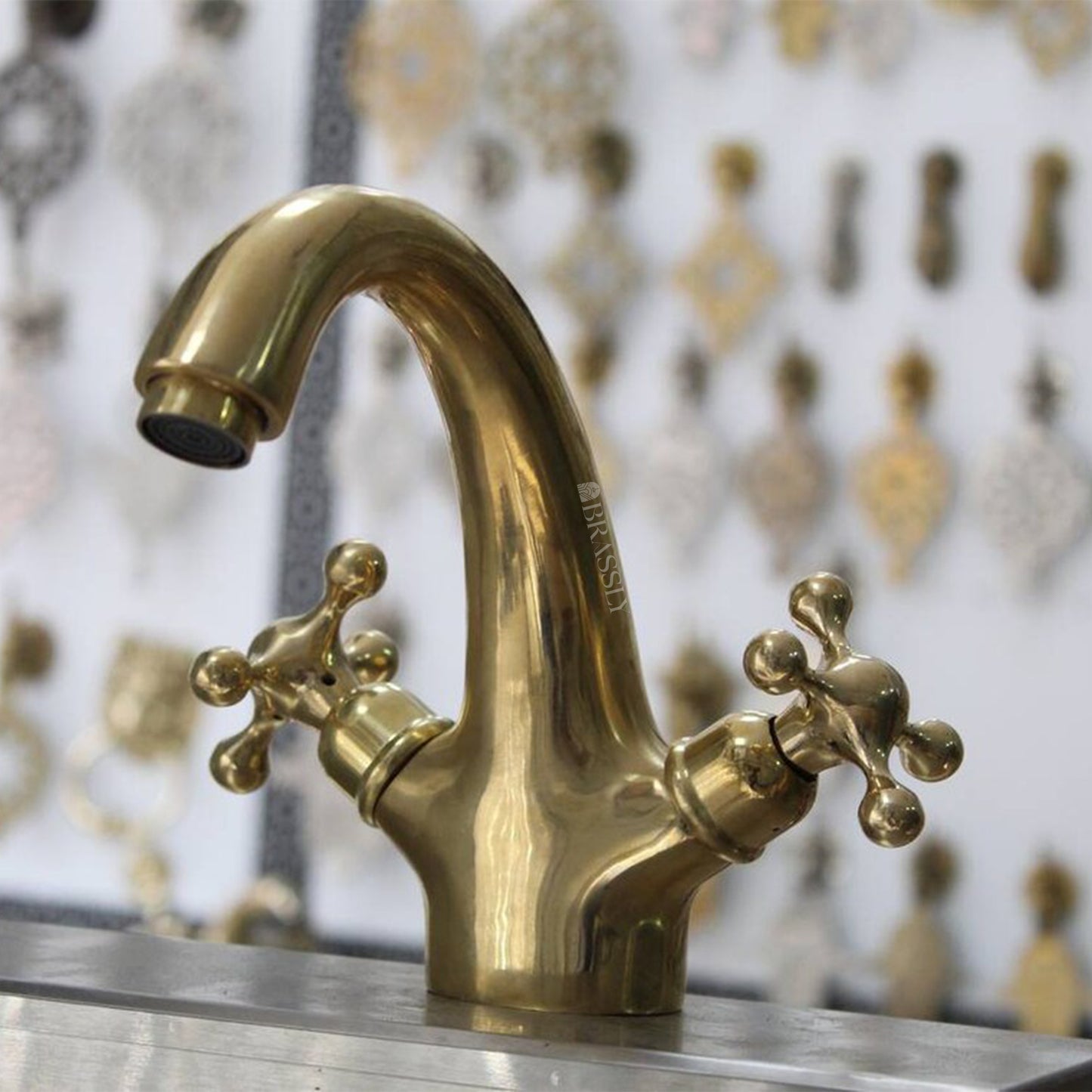 Solid Brass Tap With Simple Cross Handles - Unlacquered Brass Bathroom Tap