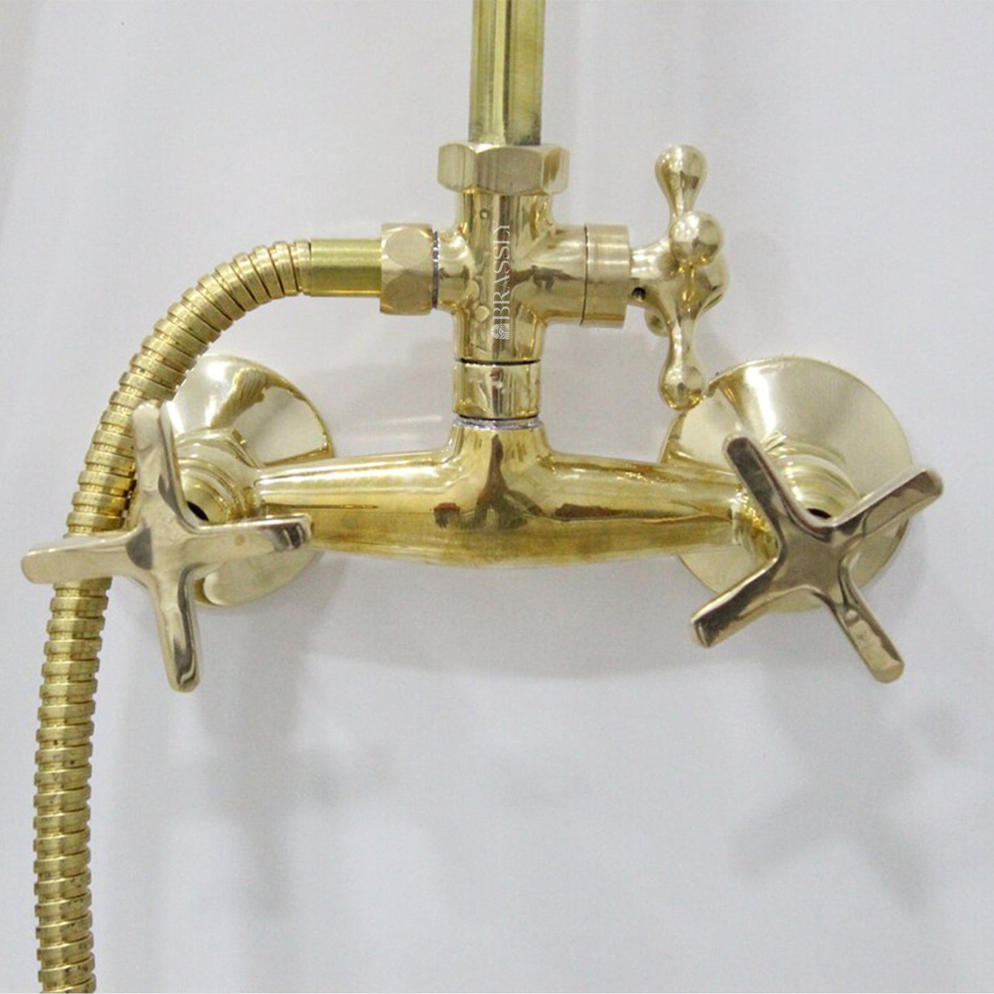 Unlacquered Brass Shower System with Handheld, High-Pressure Hose, Exposed Pipe Design