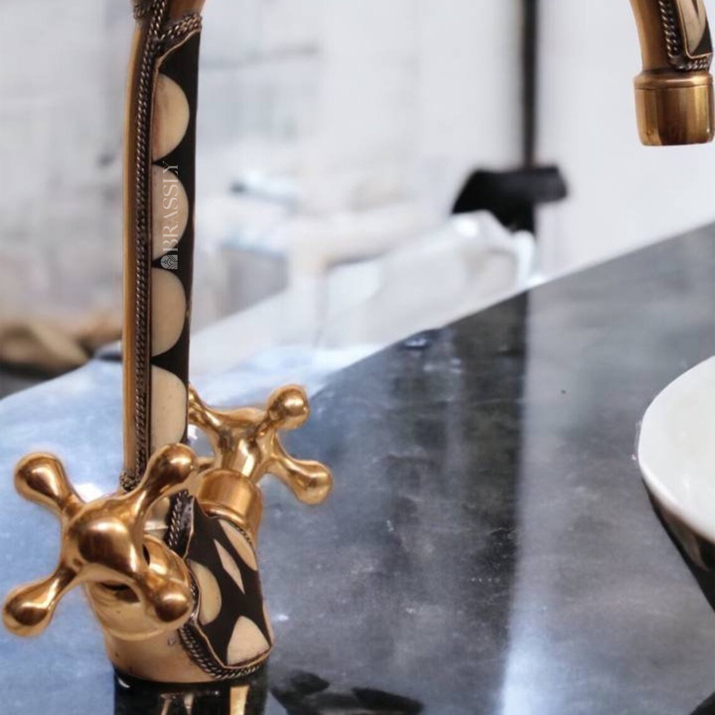Unlacquered Brass Gooseneck Faucet for Bathroom Vanity Sink, Single Hole, Resin Studded