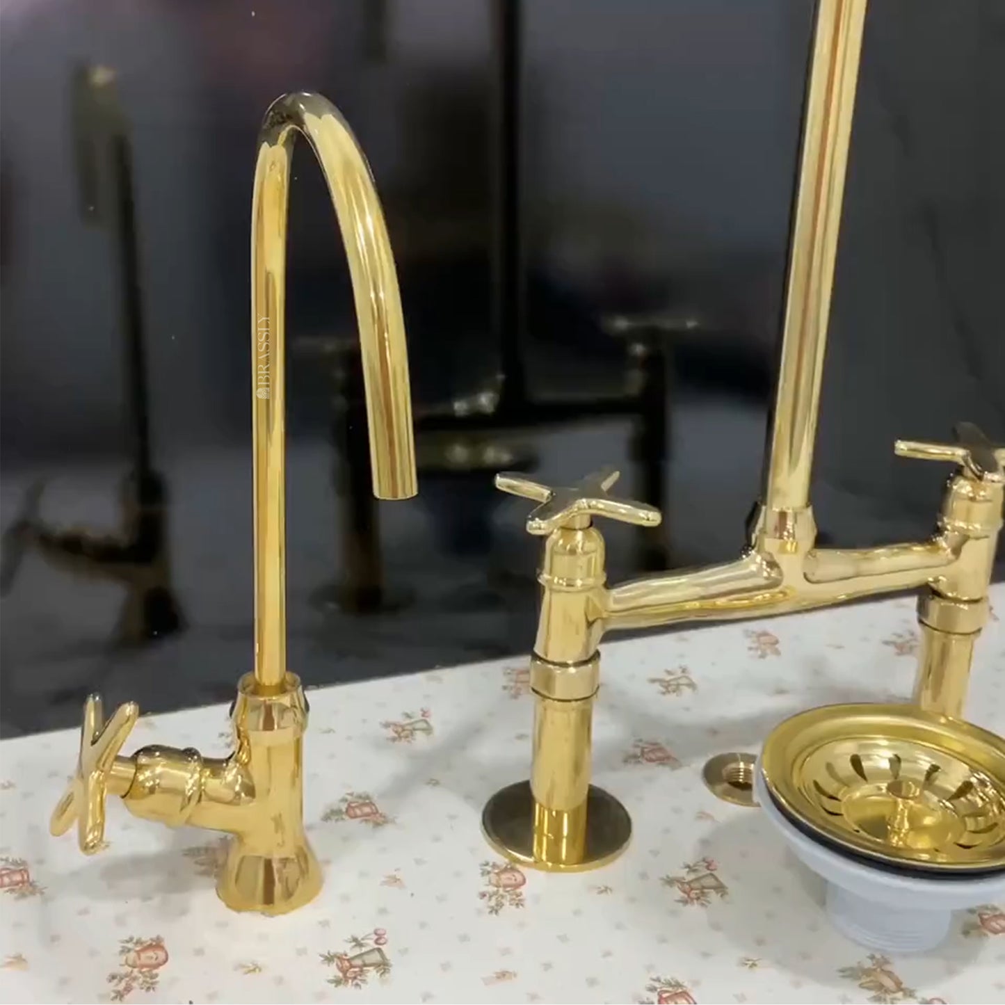 Unlacquered Solid Brass 8" Bridge Tap with Cross Handles and Curved Spout