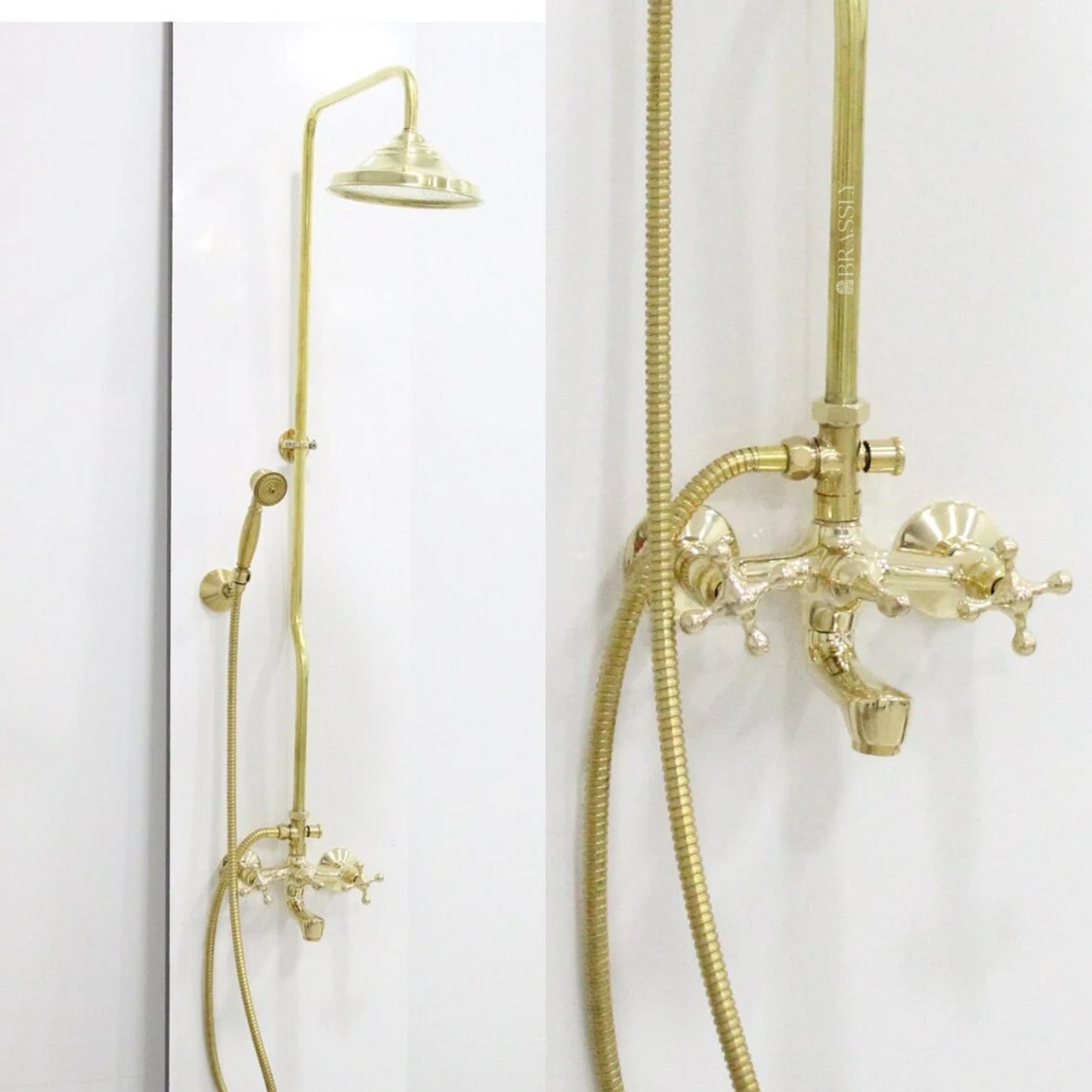 Brass Shower System with Tub Filler And Hand Shower, Unlacquered Exposed Pipe Design