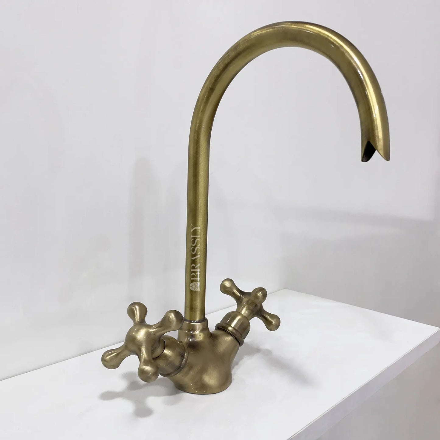 Bathroom Tap, Brass Kitchen Faucet Or Copper Gooseneck Tap with Simple Cross Handles