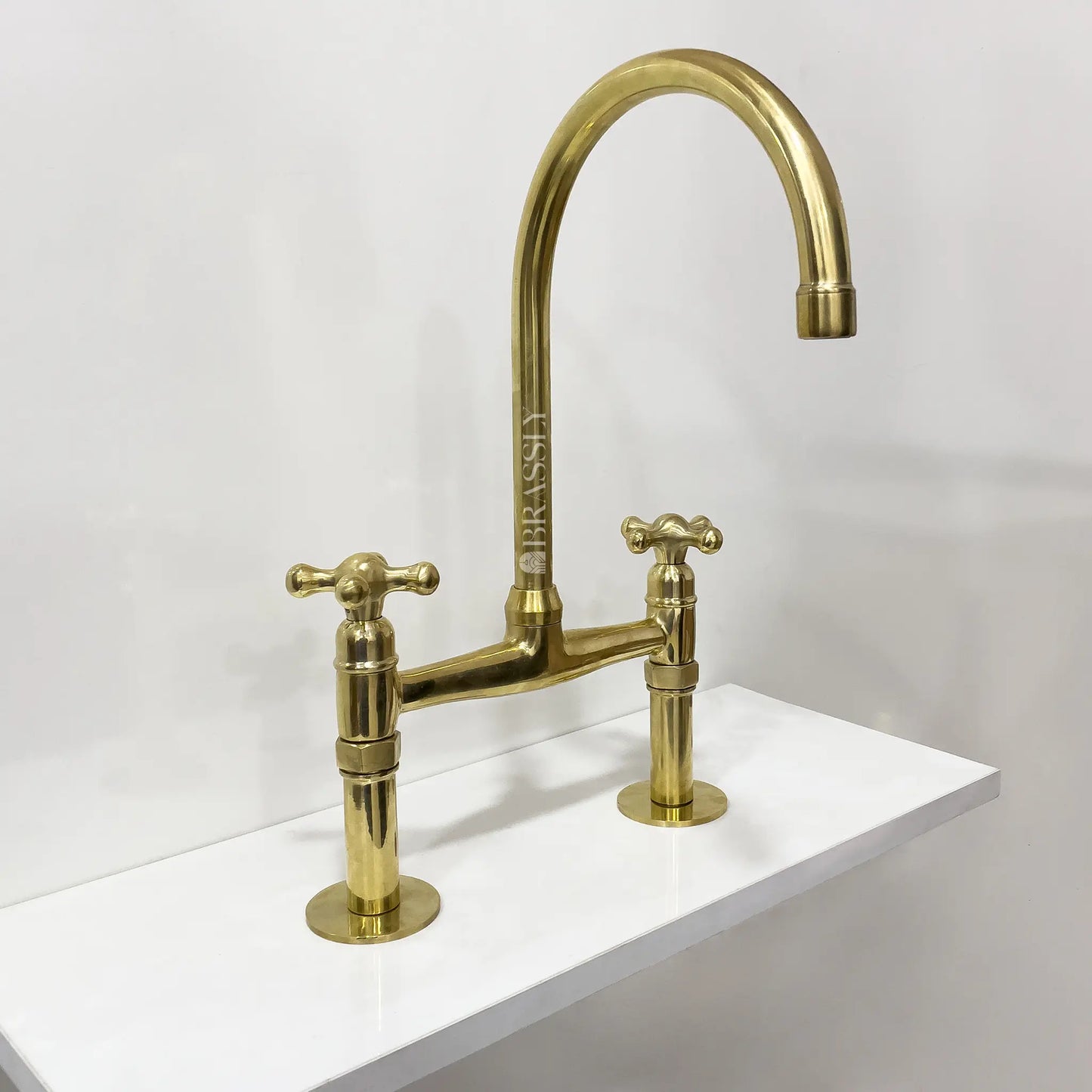 Unlacquered Brass 8" Bridge Tap, Deck Mount Tap, Vintage Kitchen Sink Tap