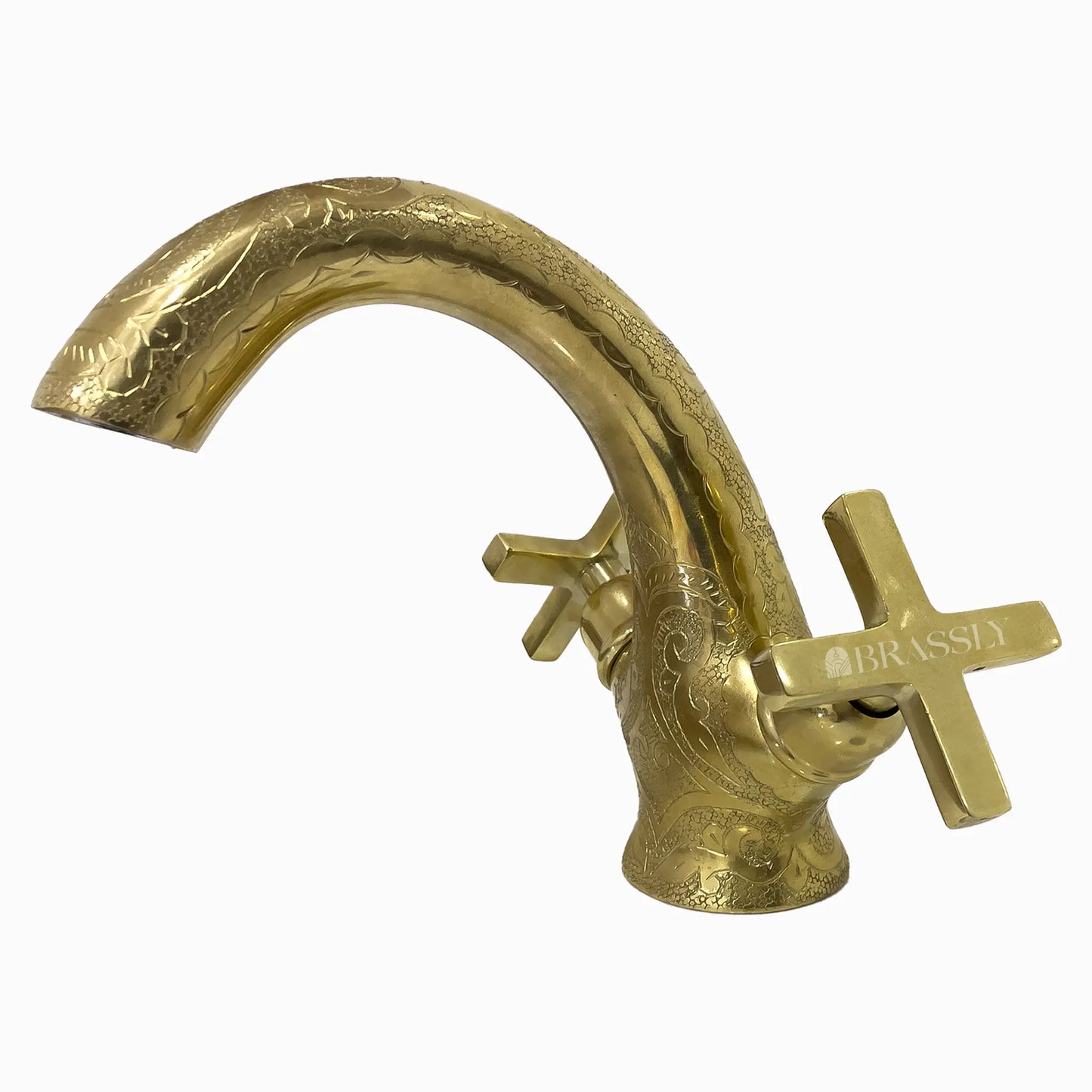 Single Hole Unlacquered Brass Bathroom Tap, Engraved Gooseneck Brass Vanity Faucet With Flat Cross Handles - Mumbai