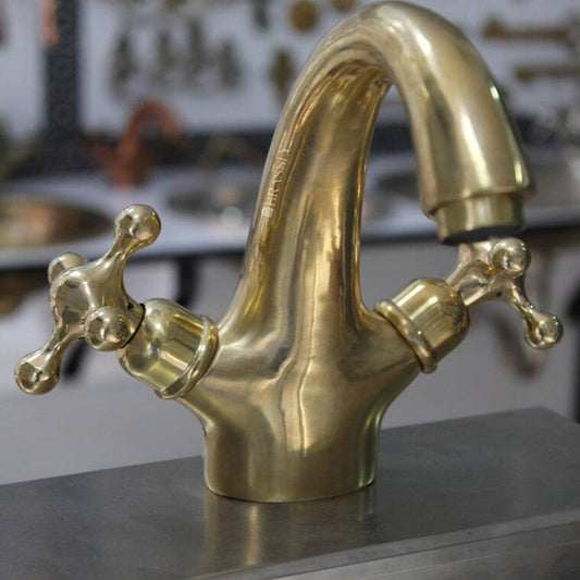 Solid Brass Tap With Simple Cross Handles - Unlacquered Brass Bathroom Tap