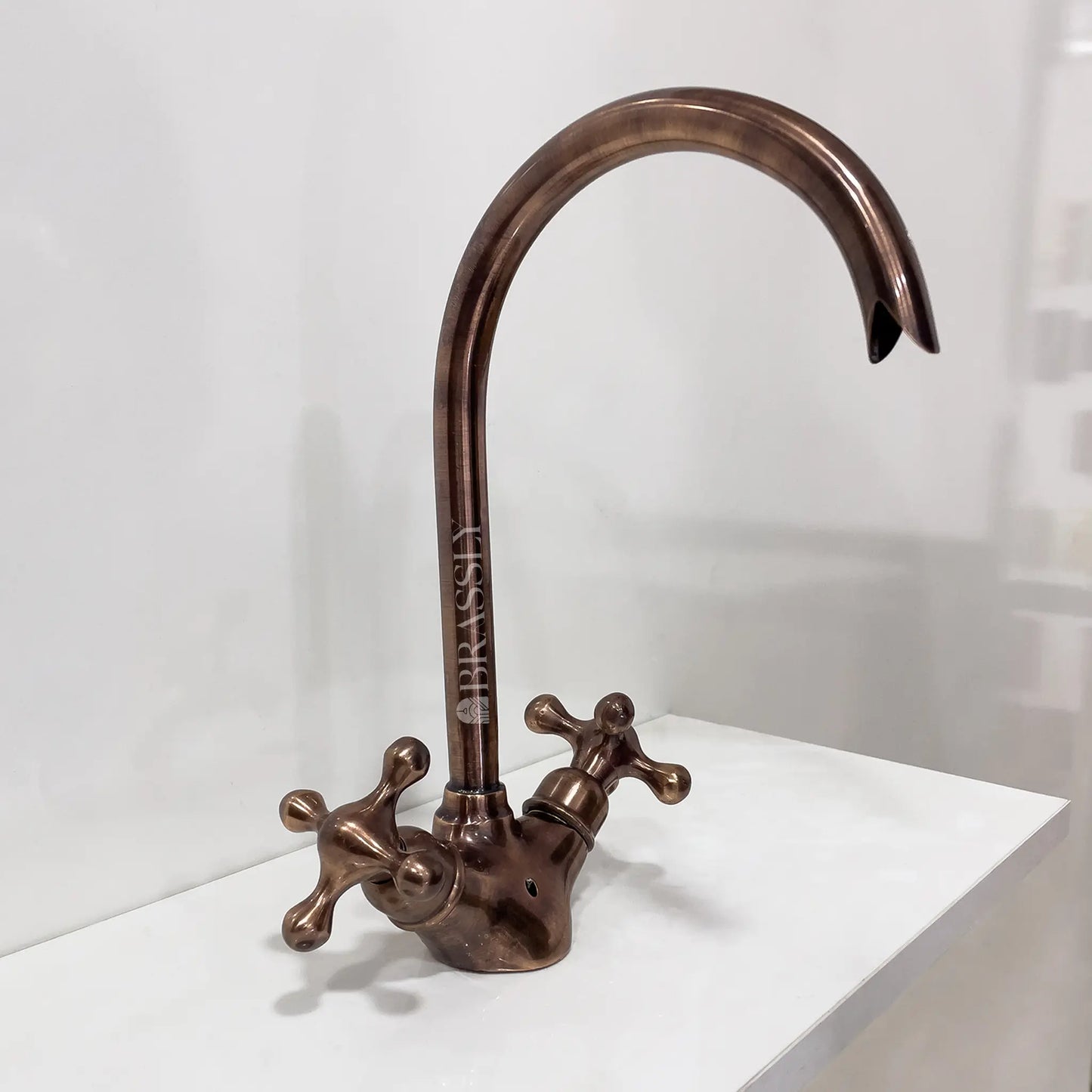 Bathroom Tap, Brass Kitchen Faucet Or Copper Gooseneck Tap with Simple Cross Handles
