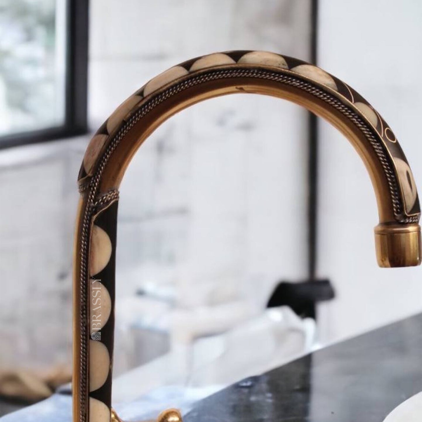 Unlacquered Brass Gooseneck Faucet for Bathroom Vanity Sink, Single Hole, Resin Studded