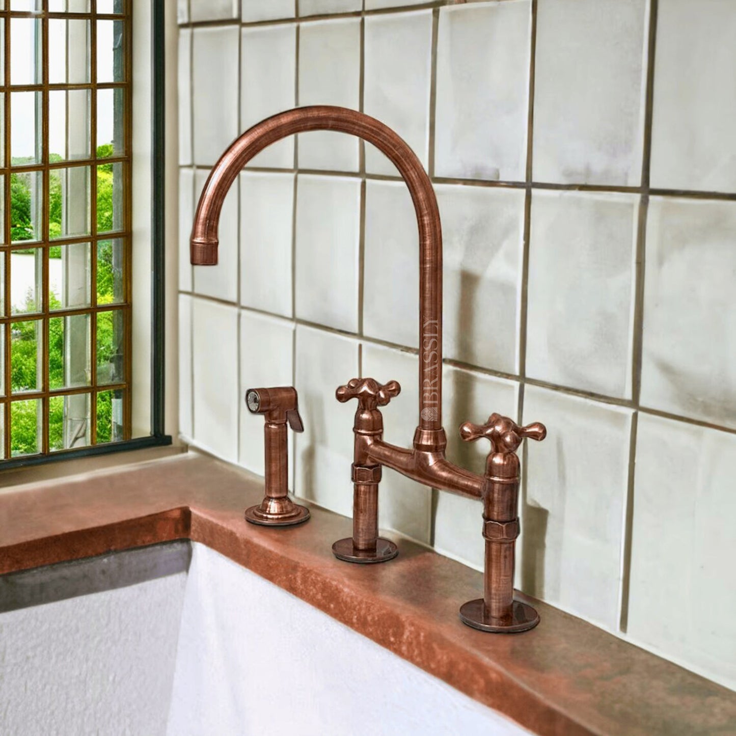 Unlacquered Brass or Copper Kitchen Bridge Faucet with Optional Sprayer, Different Handles, Straight Legs