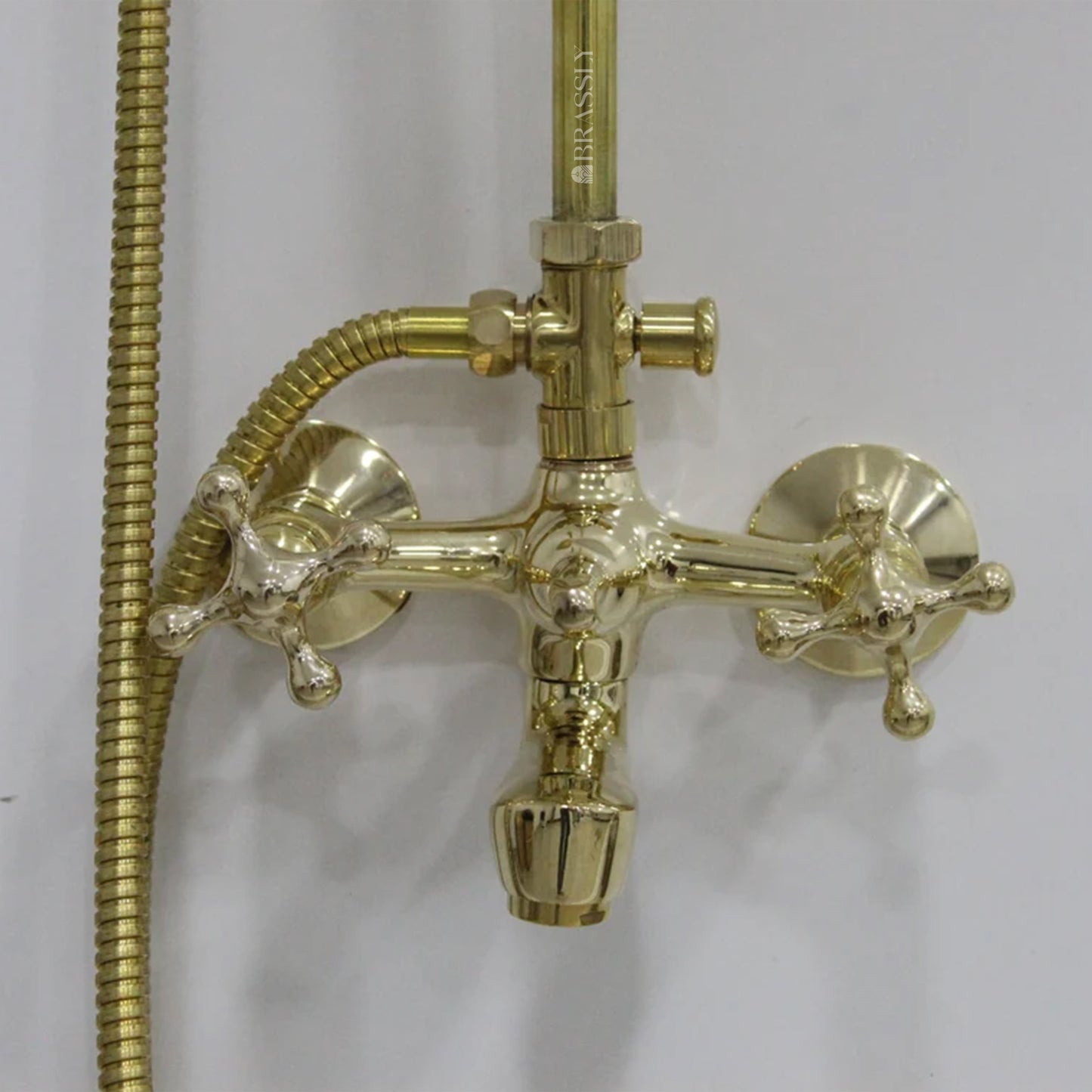 Brass Shower System with Tub Filler And Hand Shower, Unlacquered Exposed Pipe Design
