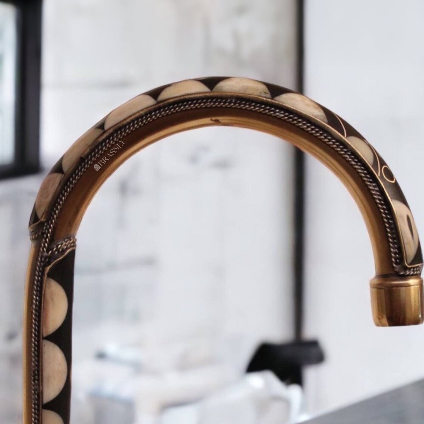 Unlacquered Brass Gooseneck Faucet for Bathroom Vanity Sink, Single Hole, Resin Studded