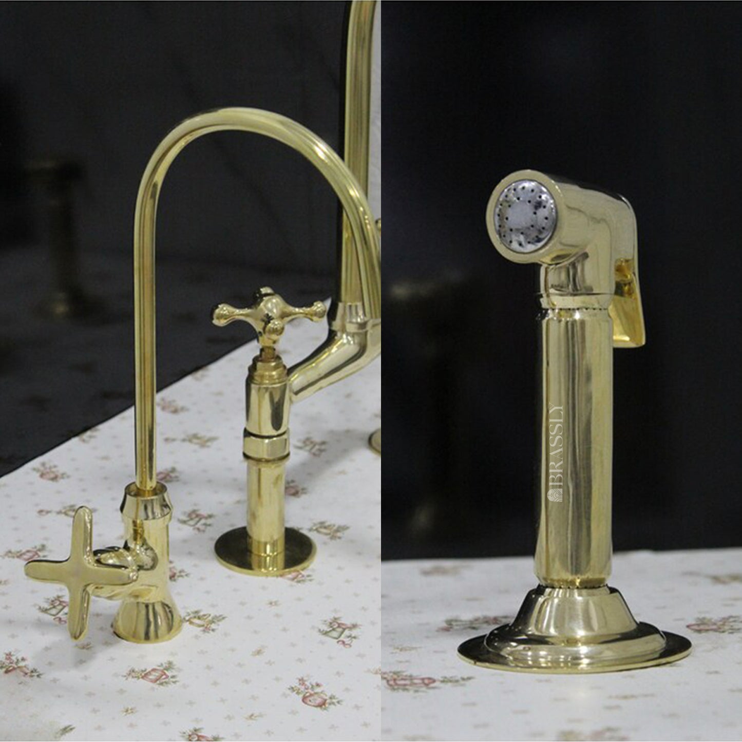 Unlacquered Solid Brass 8" Bridge Tap with Cross Handles and Curved Spout