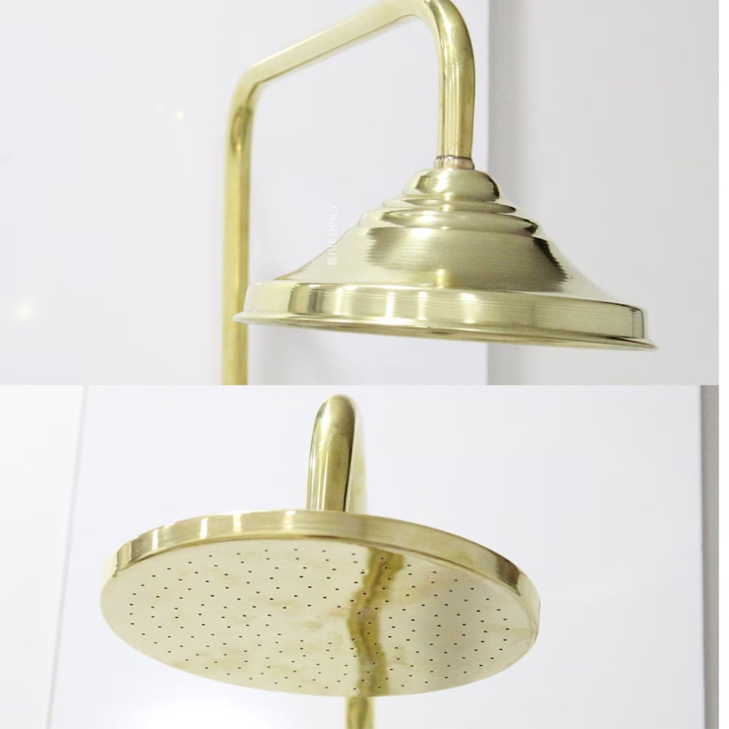 Unlacquered Brass Shower System with Handheld, High-Pressure Hose, Exposed Pipe Design
