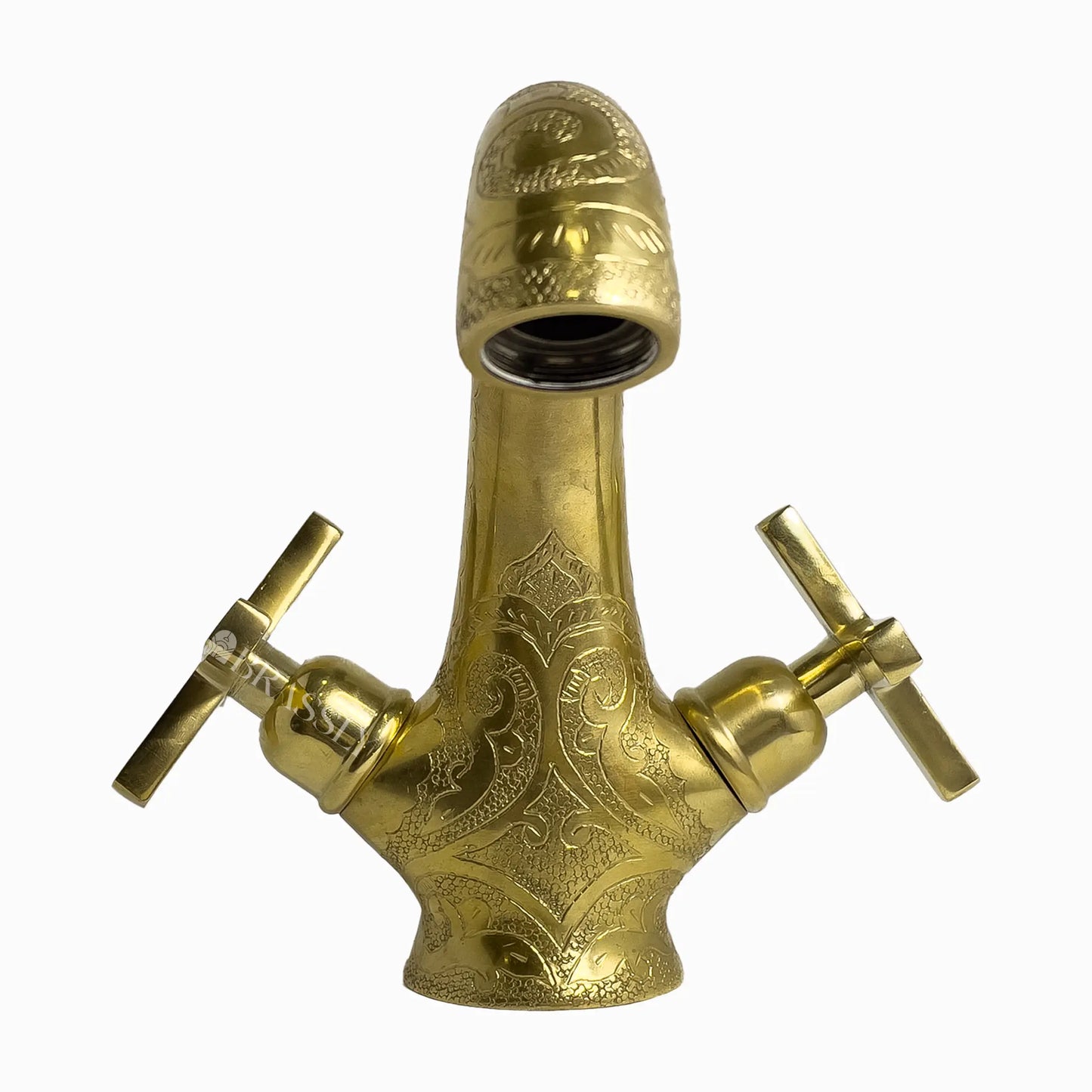 Single Hole Unlacquered Brass Bathroom Tap, Engraved Gooseneck Brass Vanity Faucet With Flat Cross Handles - Mumbai