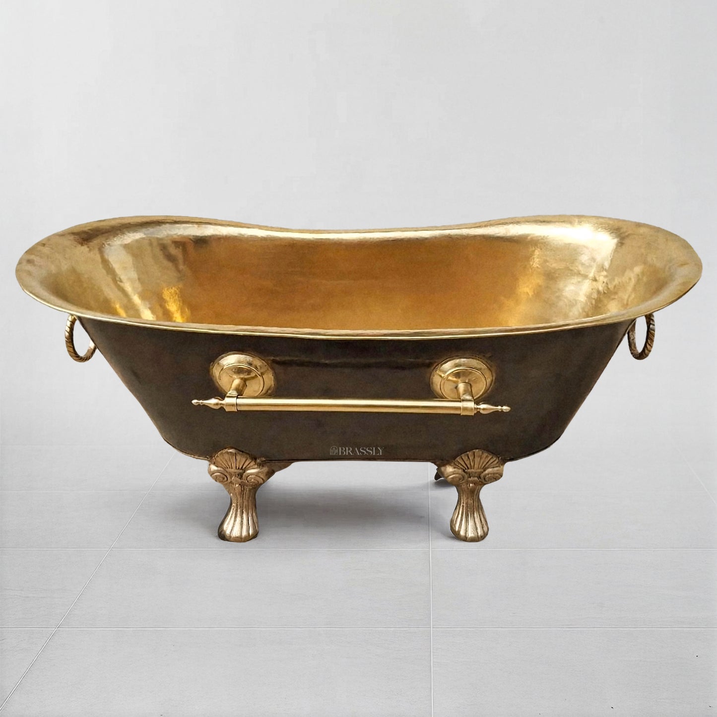Antique Brass Clawfoot Bathtub with Polished Interior & Towel Holder – Luxury Freestanding Bath