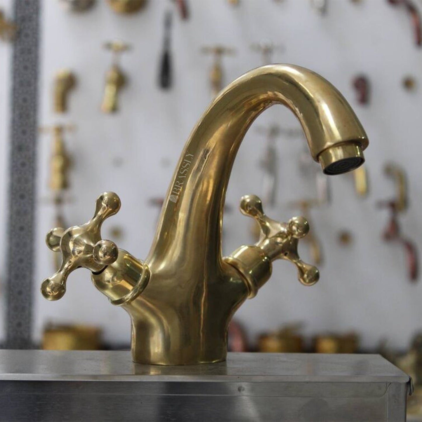 Solid Brass Tap With Simple Cross Handles - Unlacquered Brass Bathroom Tap