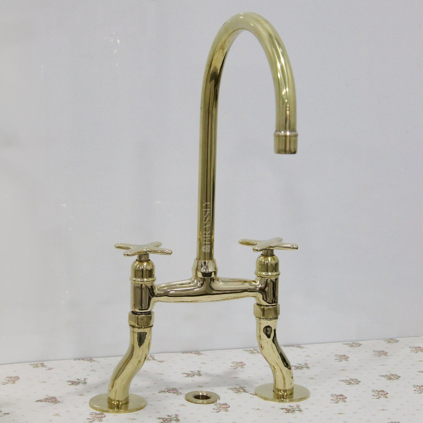 Unlacquered Brass Bridge Tap with Curved Legs and Custom Handles For Kitchen