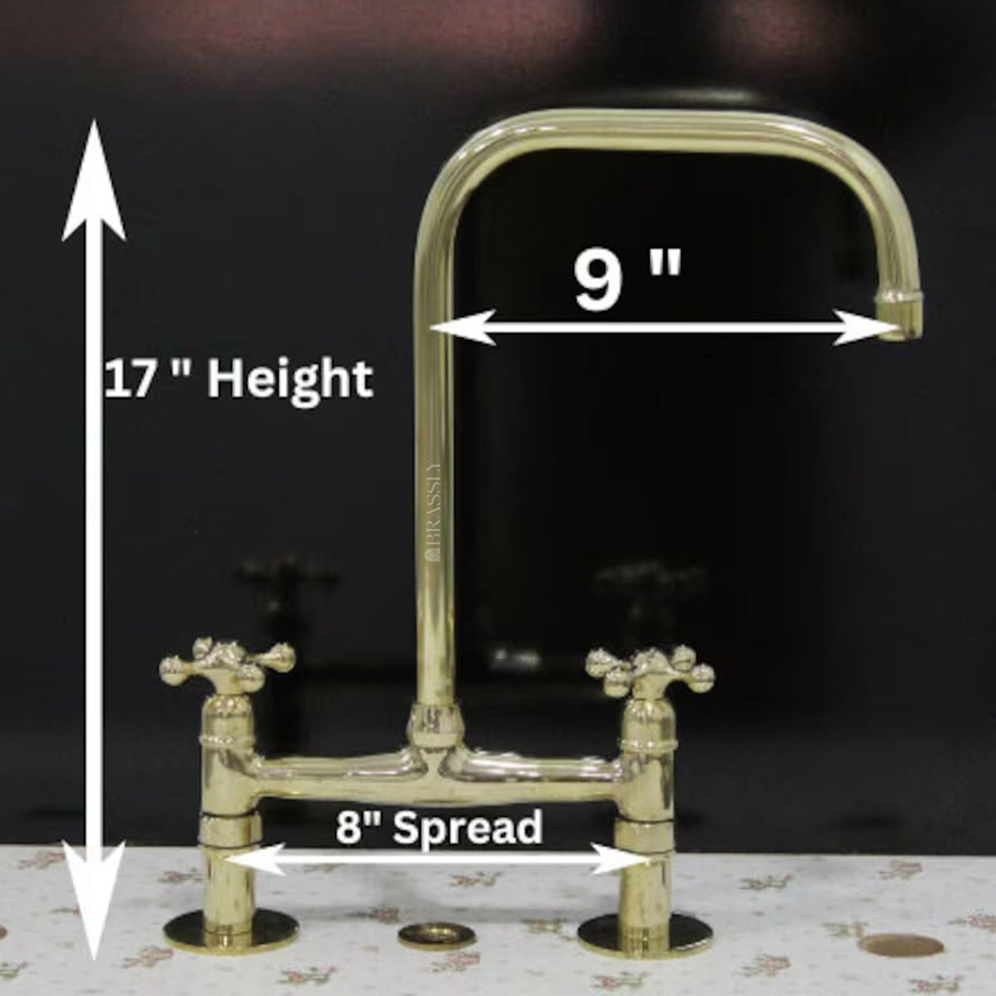 Unlacquered Solid Brass 8" Bridge Tap with Cross Handles and Curved Spout