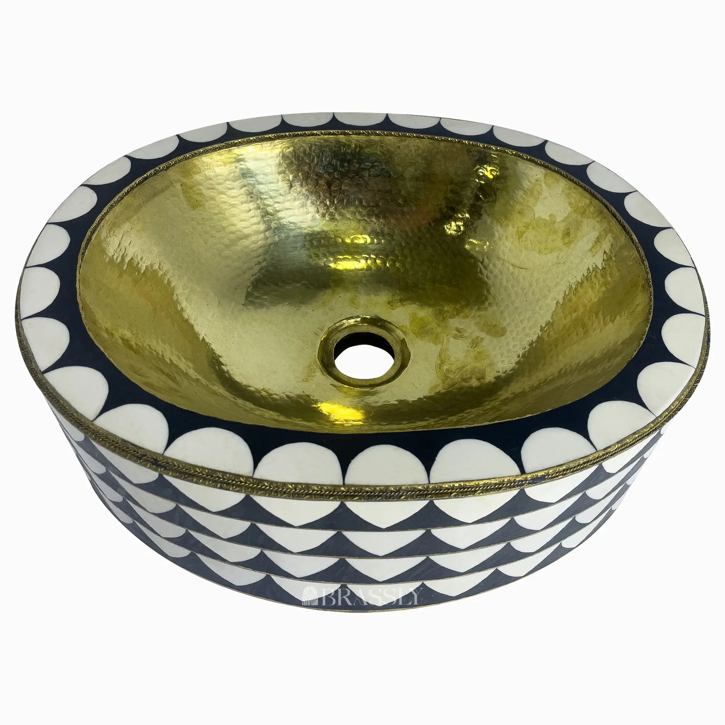 Brass Bathroom Sink, Black And White Pattern, Oval Basin Sink, Hammered Brass
