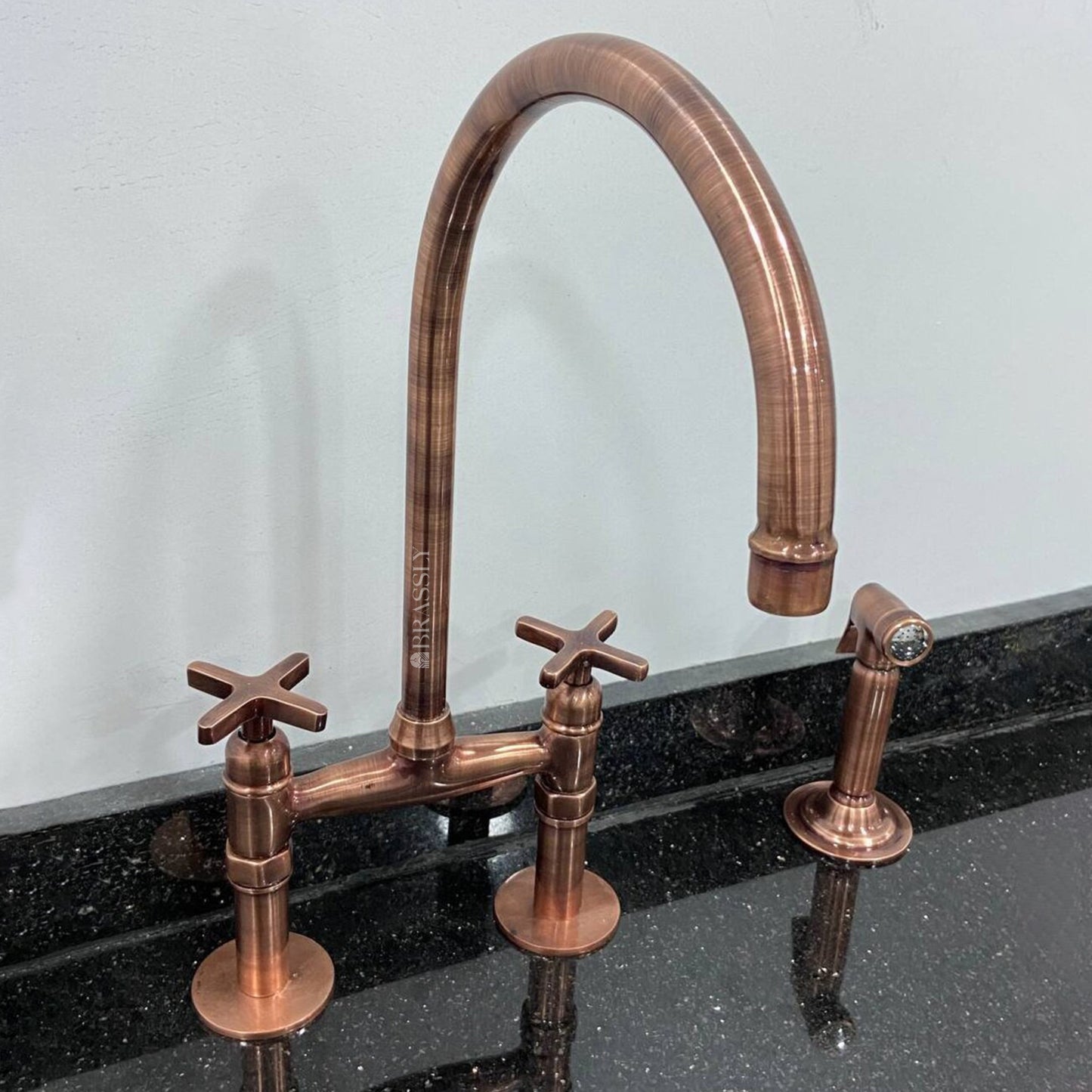 Solid Copper Bridge Faucet 8" - Premium Unlacquered Kitchen Faucet with Side Sprayer And Straight Legs