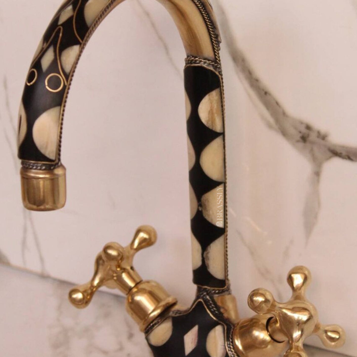 Unlacquered Brass Gooseneck Faucet for Bathroom Vanity Sink, Single Hole, Resin Studded