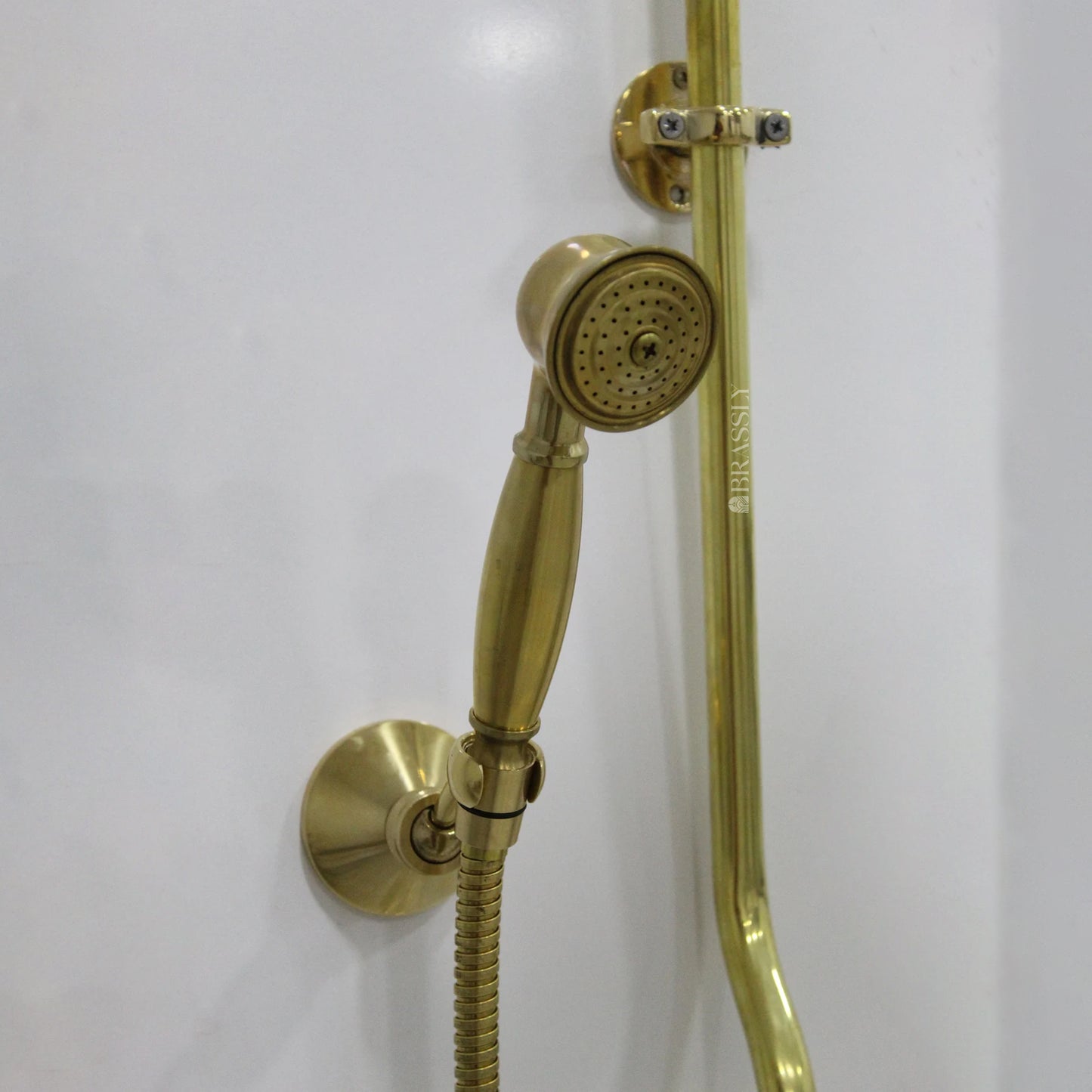 Brass Shower System with Tub Filler And Hand Shower, Unlacquered Exposed Pipe Design