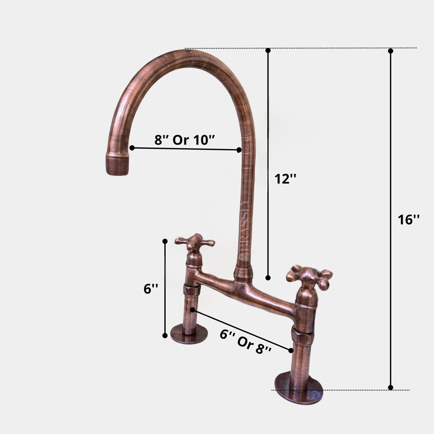 Unlacquered Brass or Copper Kitchen Bridge Faucet with Optional Sprayer, Different Handles, Straight Legs