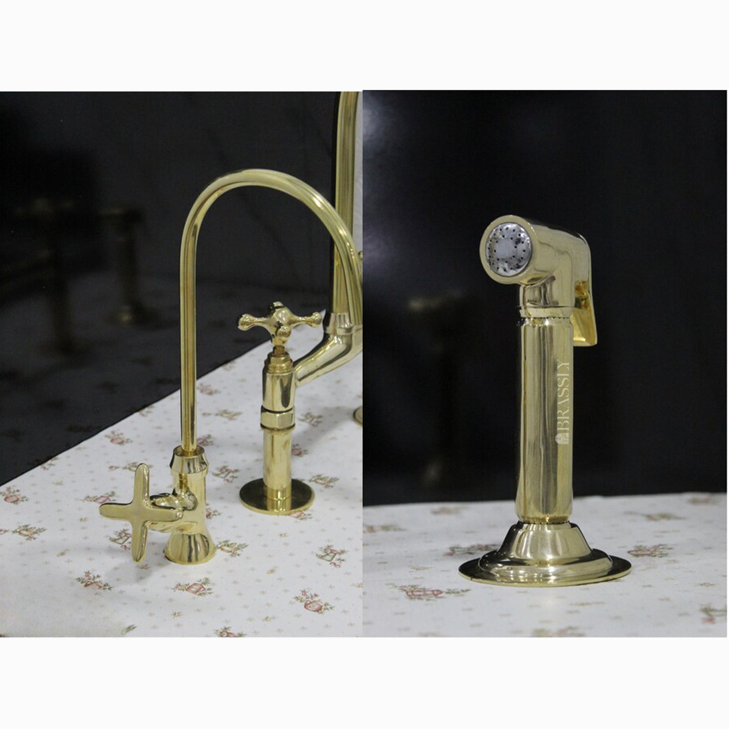 Unlacquered Brass Bridge Tap with Curved Legs and Custom Handles For Kitchen