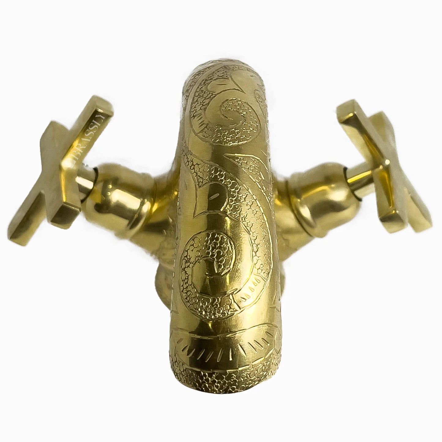 Single Hole Unlacquered Brass Bathroom Tap, Engraved Gooseneck Brass Vanity Faucet With Flat Cross Handles - Mumbai