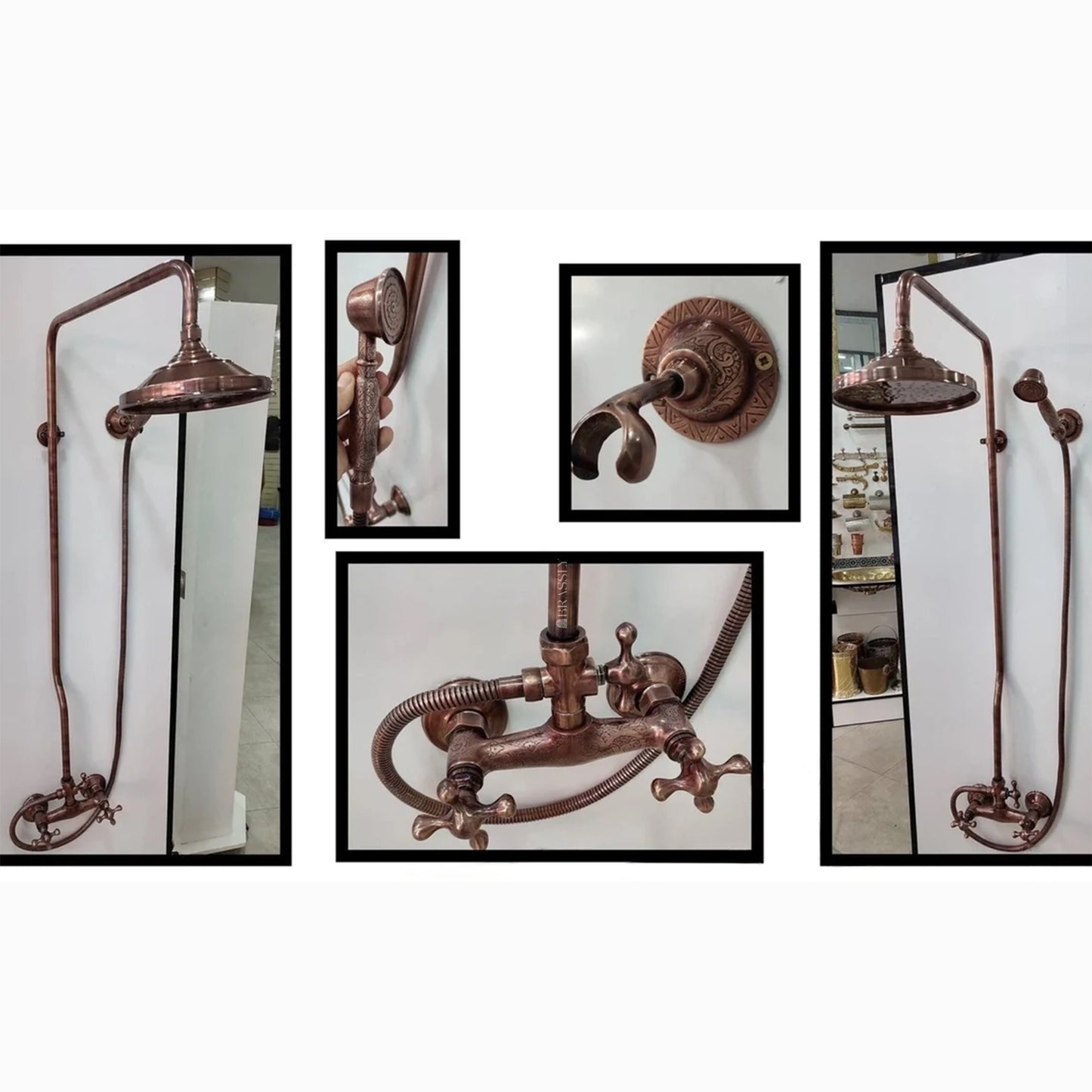 Unlacquered Copper Shower System with Vintage Round Showerhead, Handheld Shower