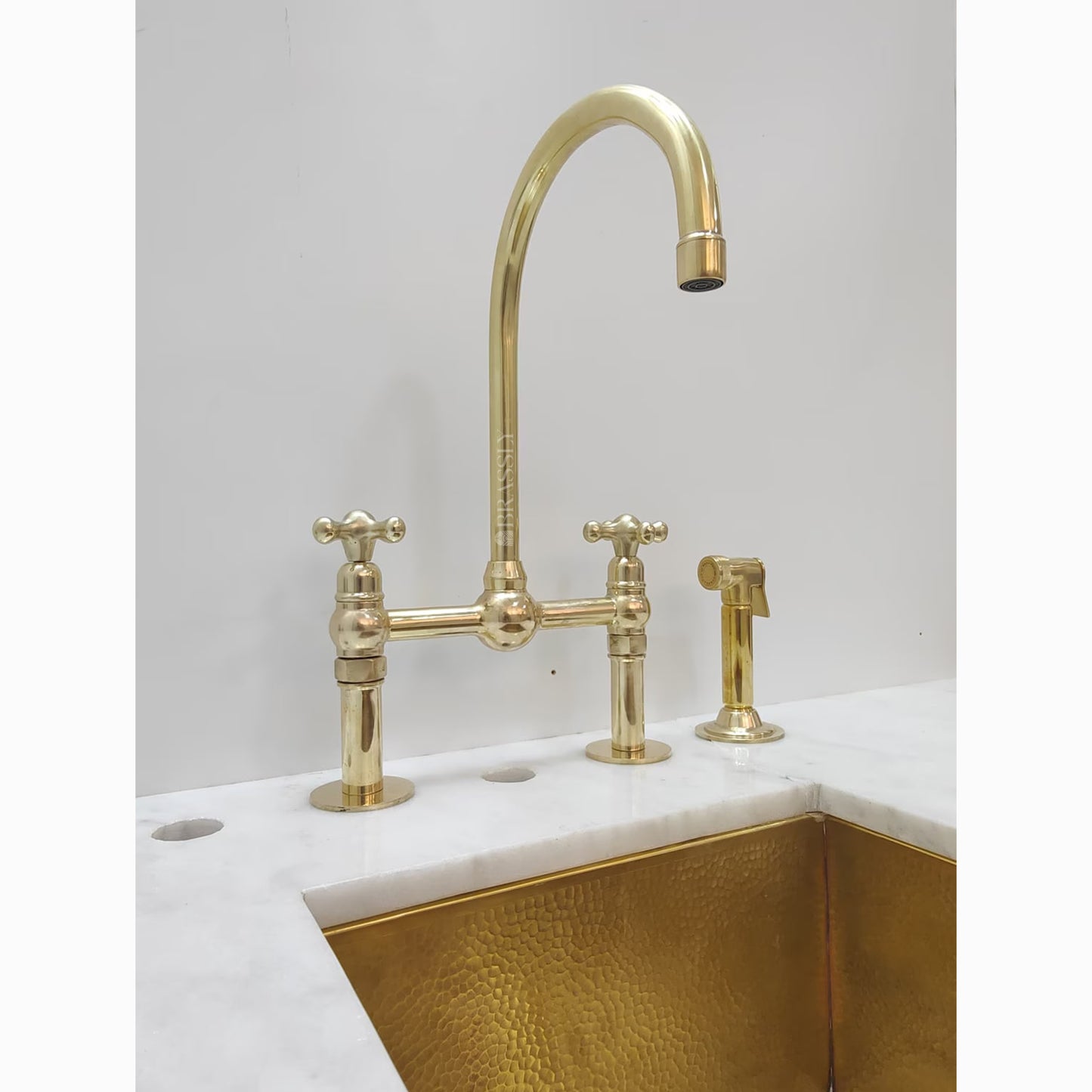 Unlacquered Brass or Copper Kitchen Bridge Faucet with Optional Sprayer, Different Handles, Straight Legs
