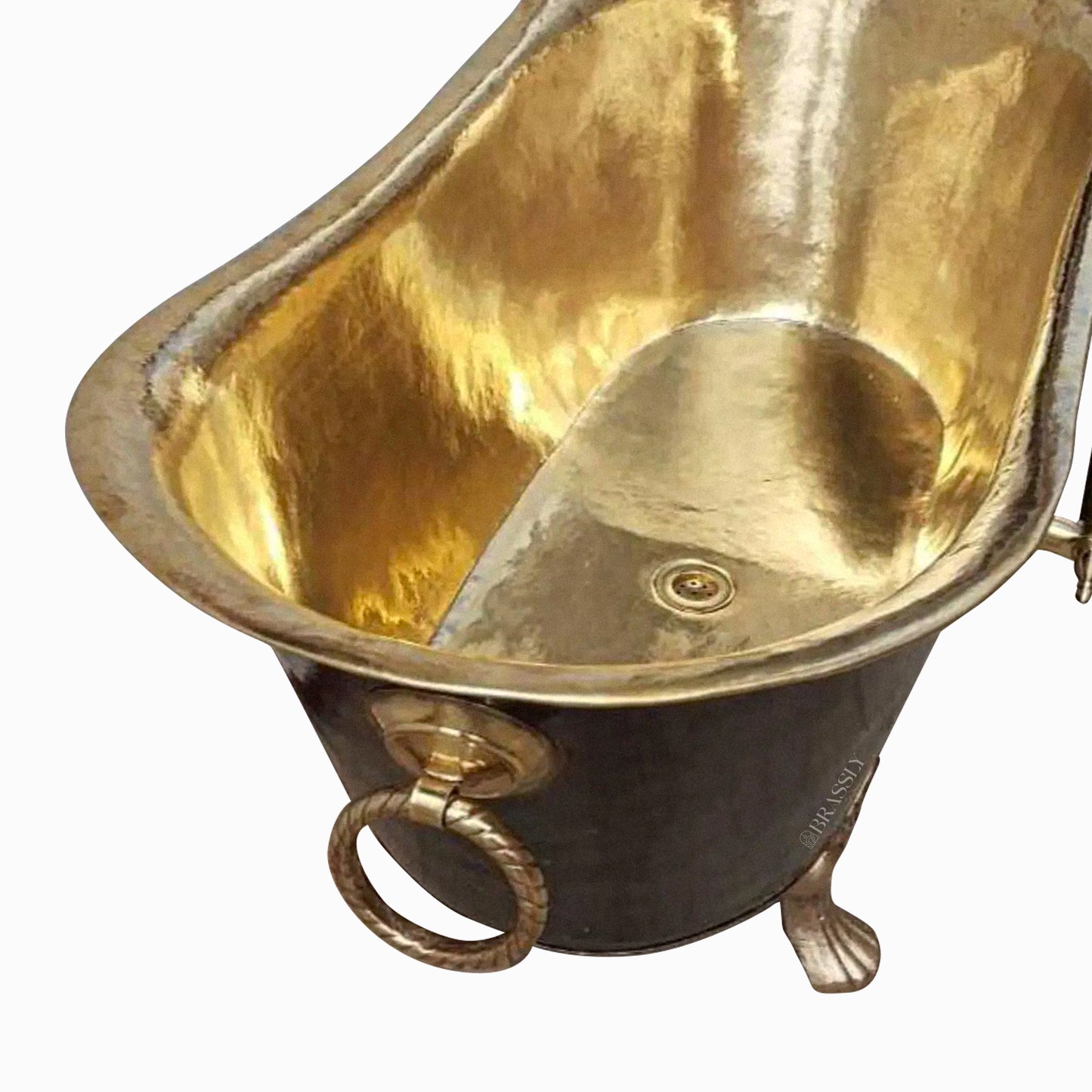 Antique Brass Clawfoot Bathtub with Polished Interior & Towel Holder – Luxury Freestanding Bath