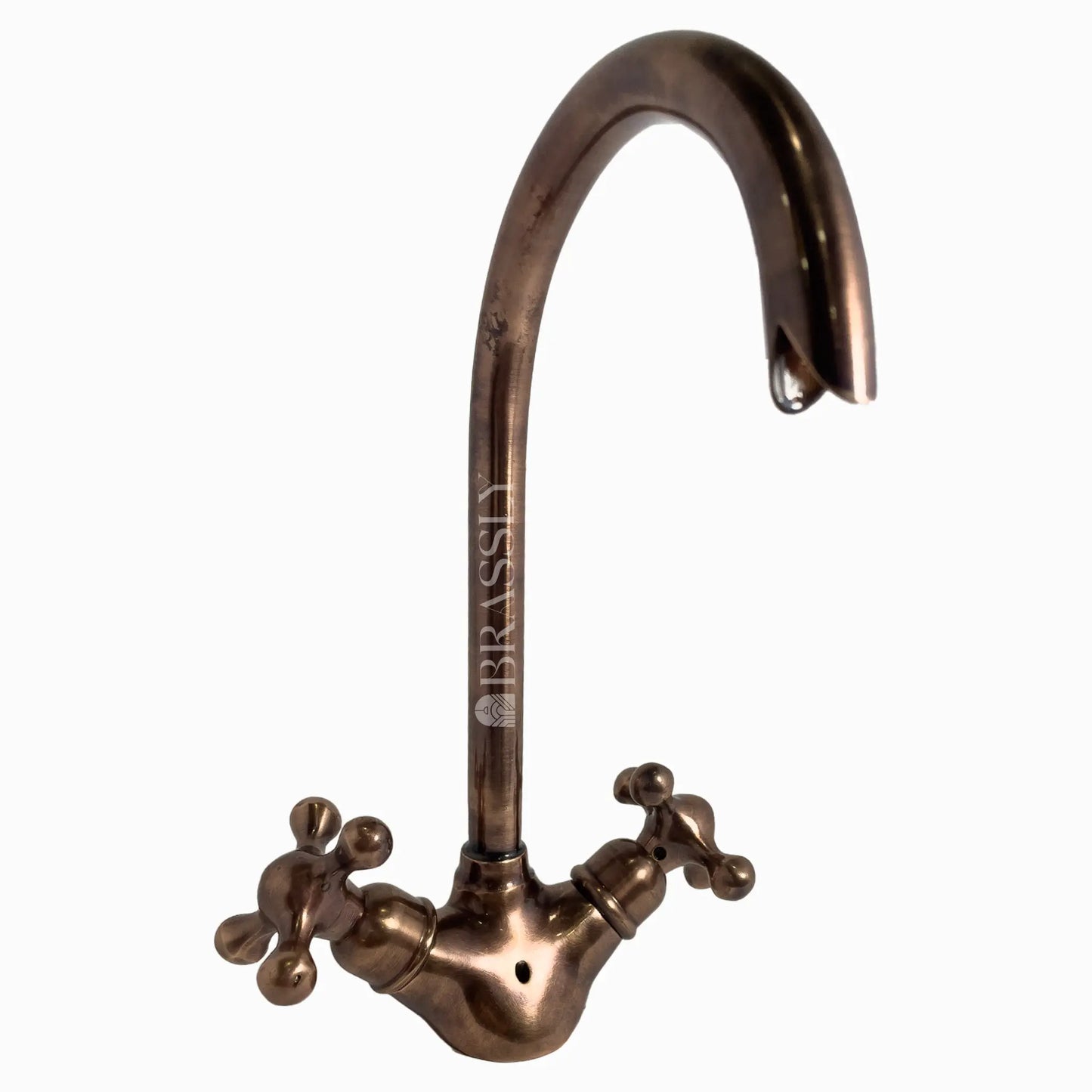 Bathroom Tap, Brass Kitchen Faucet Or Copper Gooseneck Tap with Simple Cross Handles