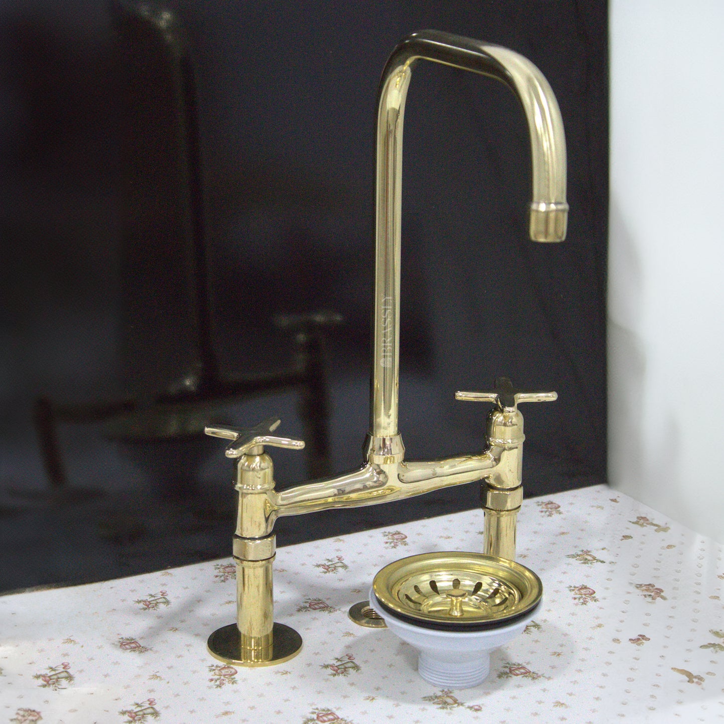 Unlacquered Solid Brass 8" Bridge Tap with Cross Handles and Curved Spout