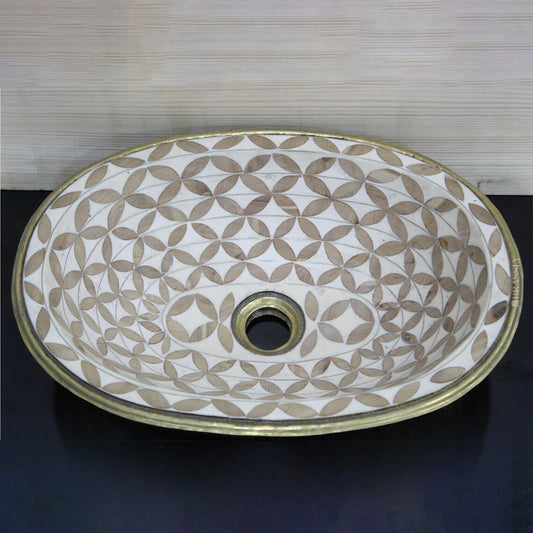 Handmade Moroccan Brass Drop-In Sink with Resin and Brown Wood - Unique Vintage Bathroom Decor