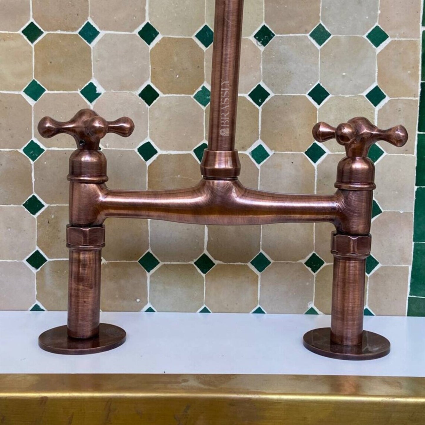 Unlacquered Brass or Copper Kitchen Bridge Faucet with Optional Sprayer, Different Handles, Straight Legs