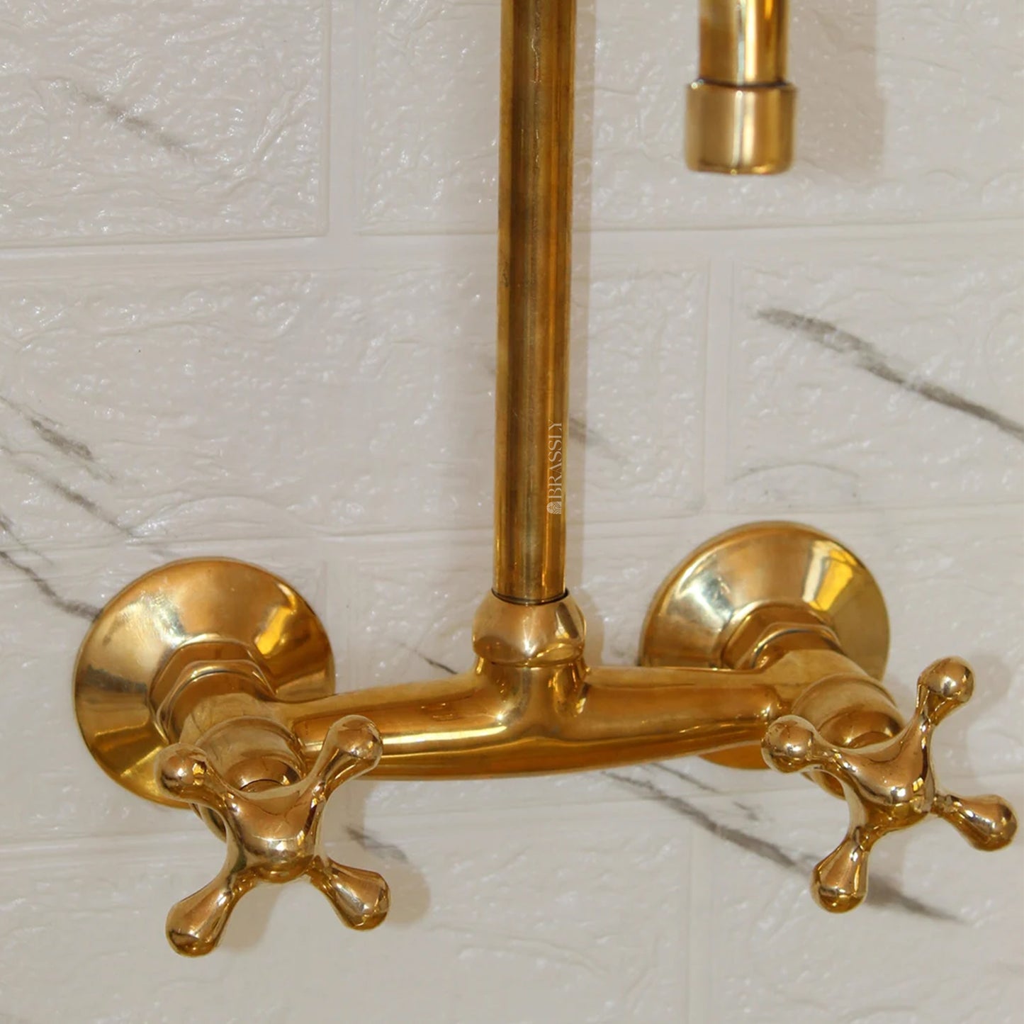 Unlacquered Brass Wall-Mount Gooseneck Kitchen Tap with Cross Handles