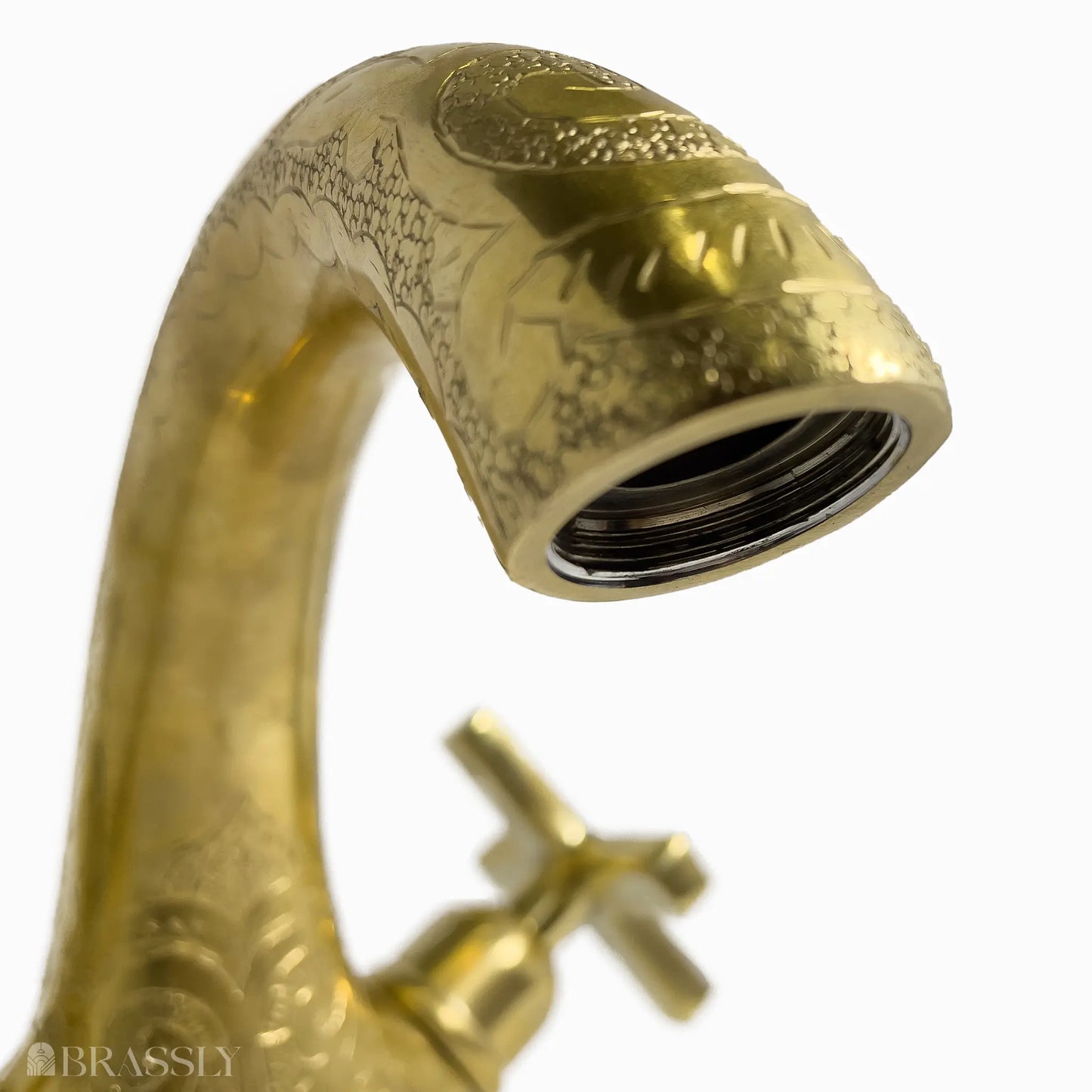Single Hole Unlacquered Brass Bathroom Tap, Engraved Gooseneck Brass Vanity Faucet With Flat Cross Handles - Mumbai