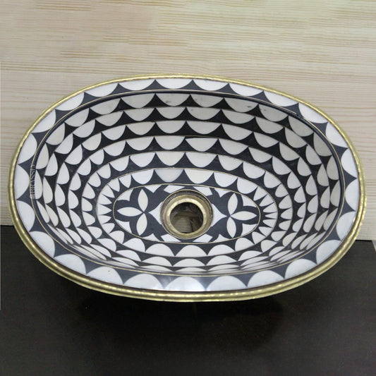 Handmade Resin and Bone Drop-In Bathroom Sink, Vintage Style Brass Basin Moroccan Sink