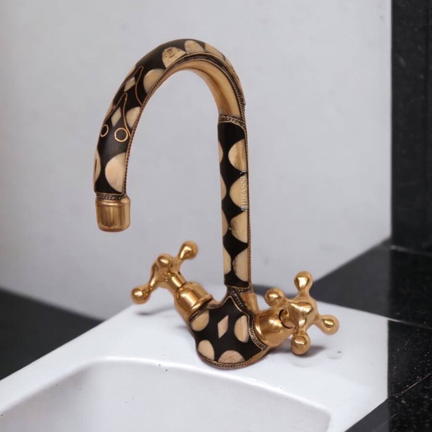 Unlacquered Brass Gooseneck Faucet for Bathroom Vanity Sink, Single Hole, Resin Studded