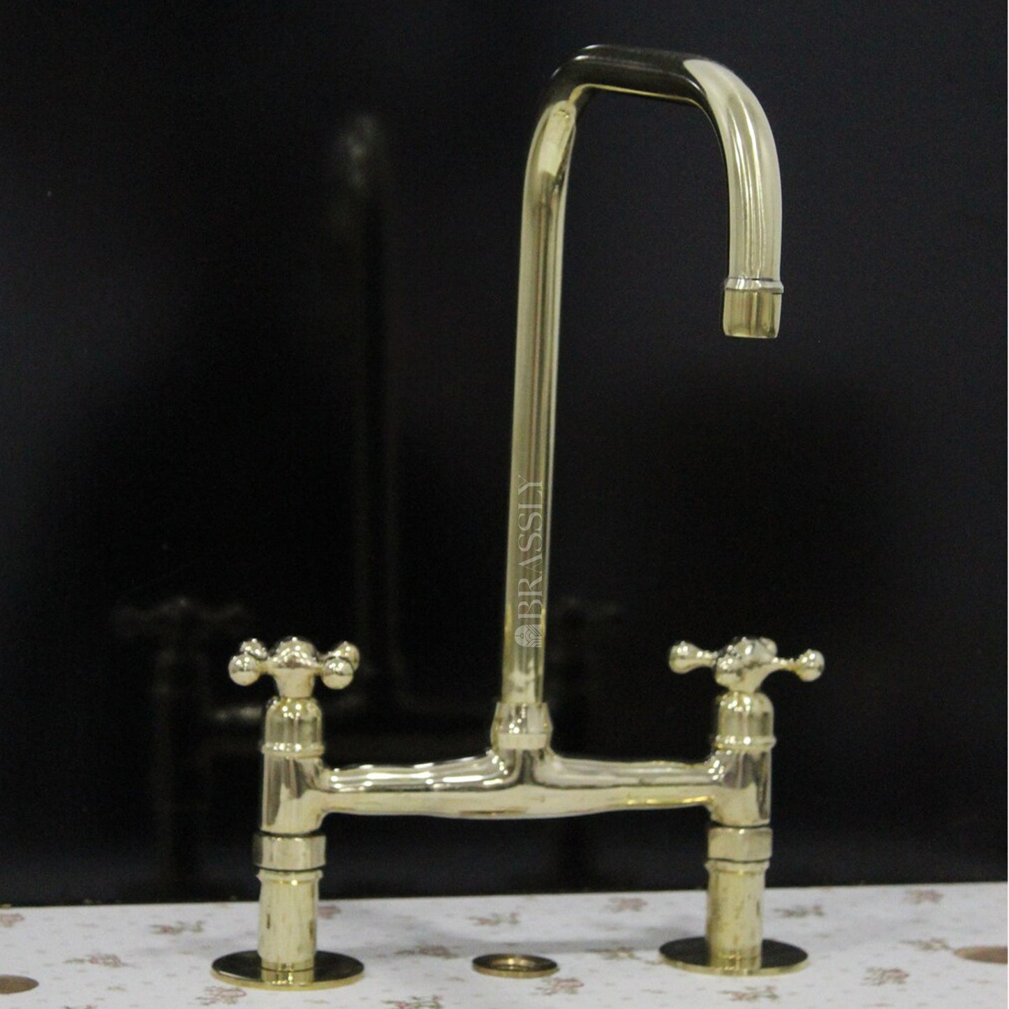 Unlacquered Solid Brass 8" Bridge Tap with Cross Handles and Curved Spout