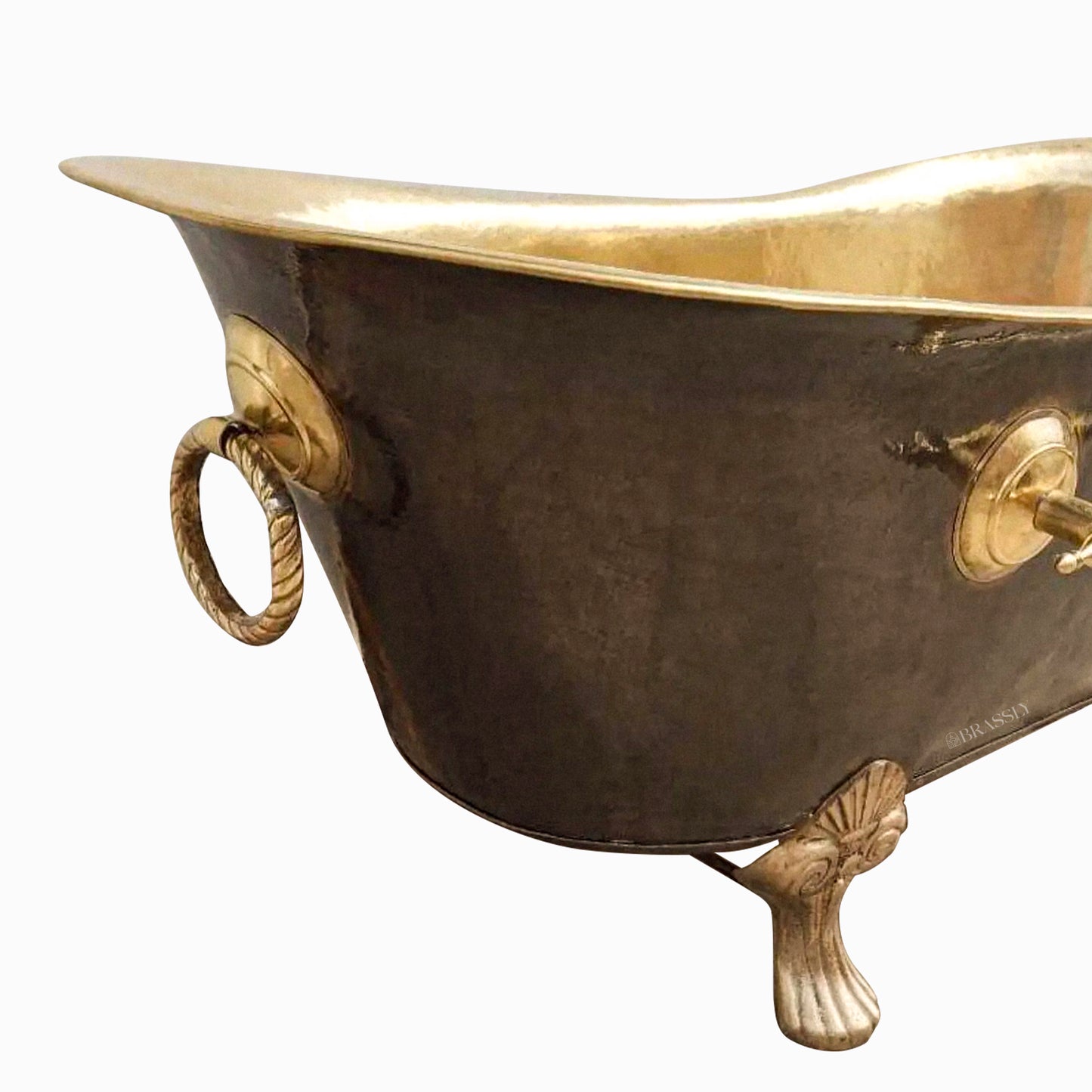 Antique Brass Clawfoot Bathtub with Polished Interior & Towel Holder – Luxury Freestanding Bath