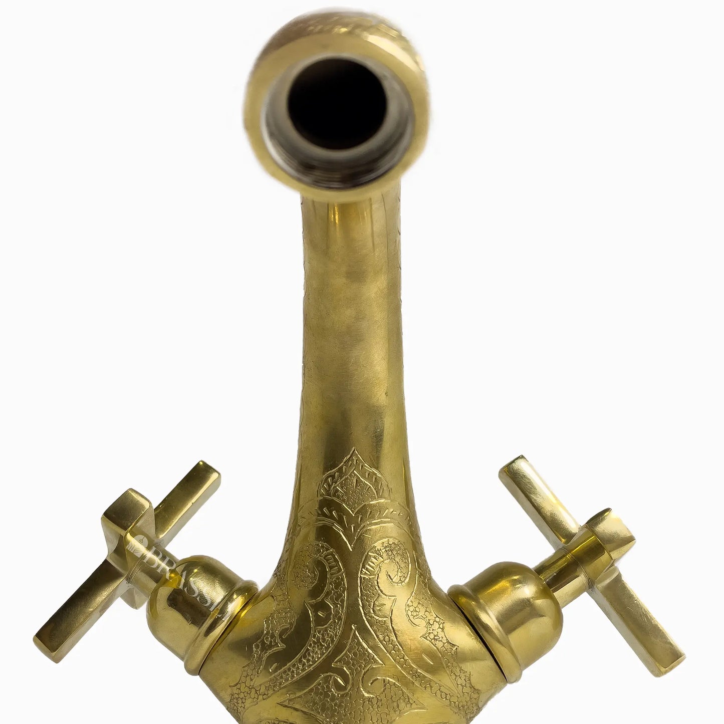 Single Hole Unlacquered Brass Bathroom Tap, Engraved Gooseneck Brass Vanity Faucet With Flat Cross Handles - Mumbai
