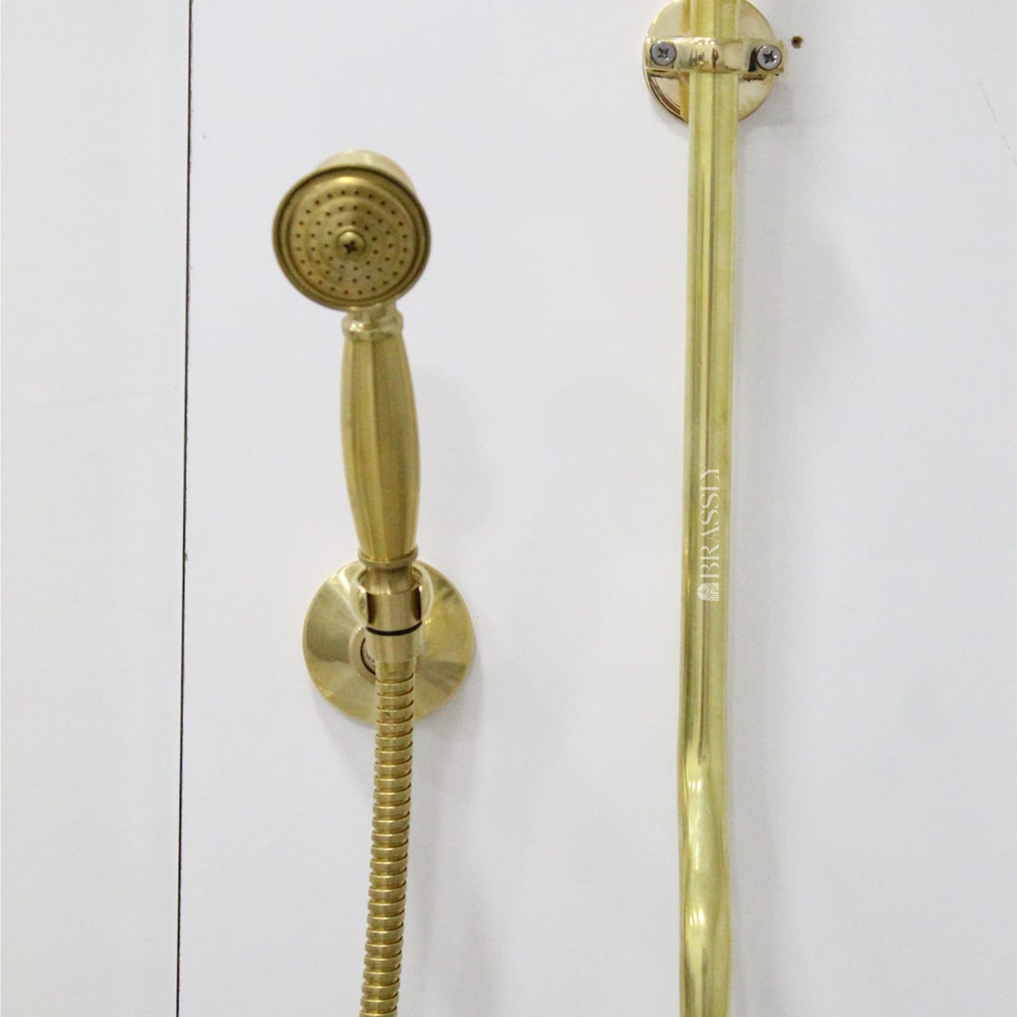 Unlacquered Brass Shower System with Handheld, High-Pressure Hose, Exposed Pipe Design