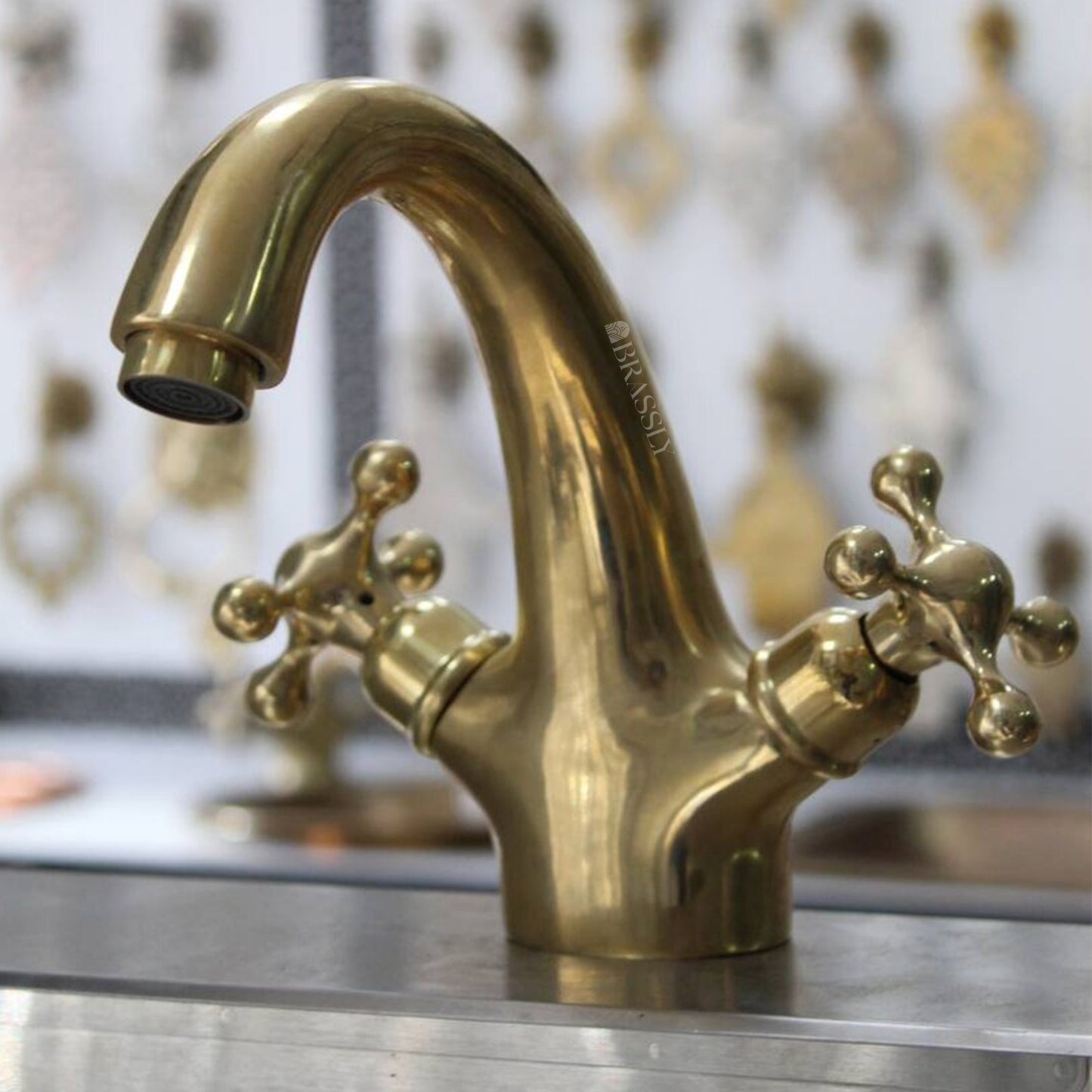 Solid Brass Tap With Simple Cross Handles - Unlacquered Brass Bathroom Tap