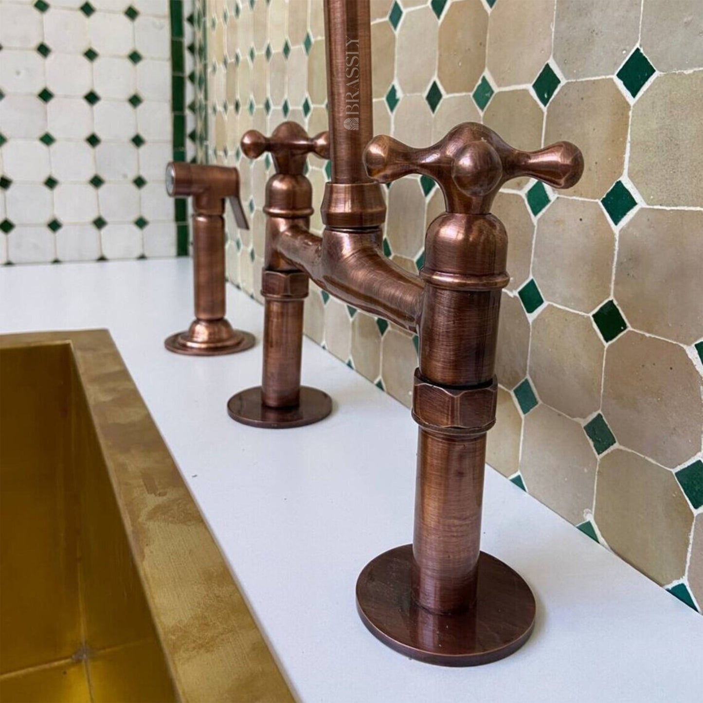 Unlacquered Brass or Copper Kitchen Bridge Faucet with Optional Sprayer, Different Handles, Straight Legs