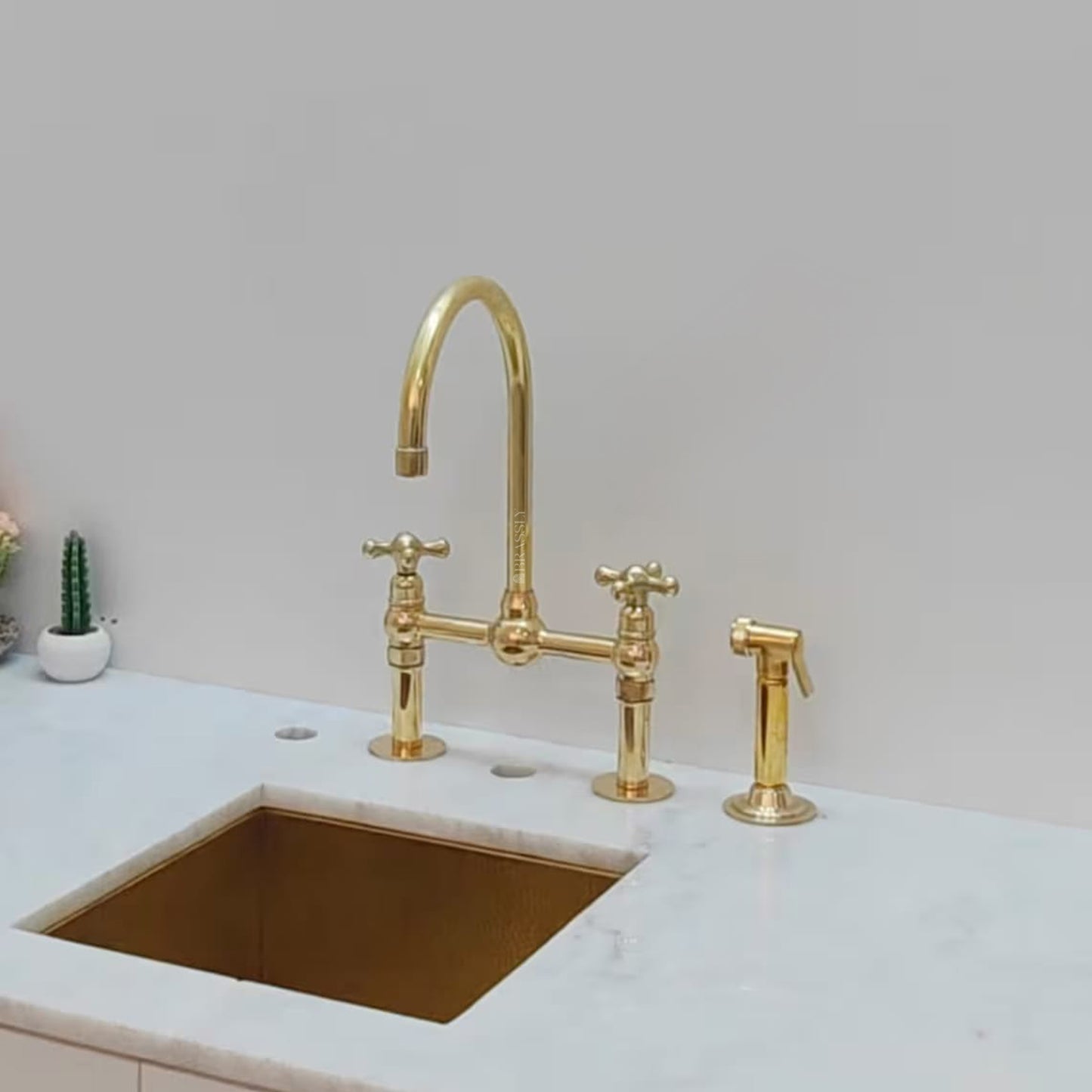 Unlacquered Brass or Copper Kitchen Bridge Faucet with Optional Sprayer, Different Handles, Straight Legs