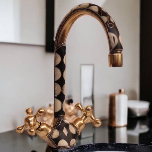 Unlacquered Brass Gooseneck Faucet for Bathroom Vanity Sink, Single Hole, Resin Studded