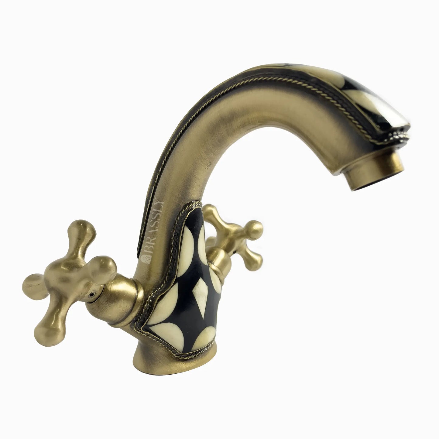 Brass Bathroom Tap With Resin And Bone Accents, Single Hole Bathroom, Vanity Sink Faucet With Cross Handles