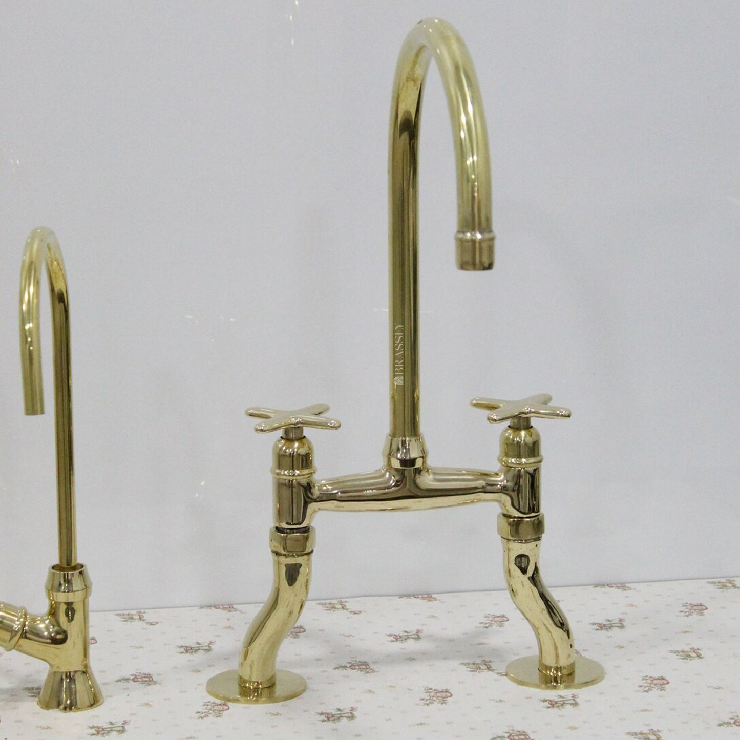 Unlacquered Brass Bridge Tap with Curved Legs and Custom Handles For Kitchen
